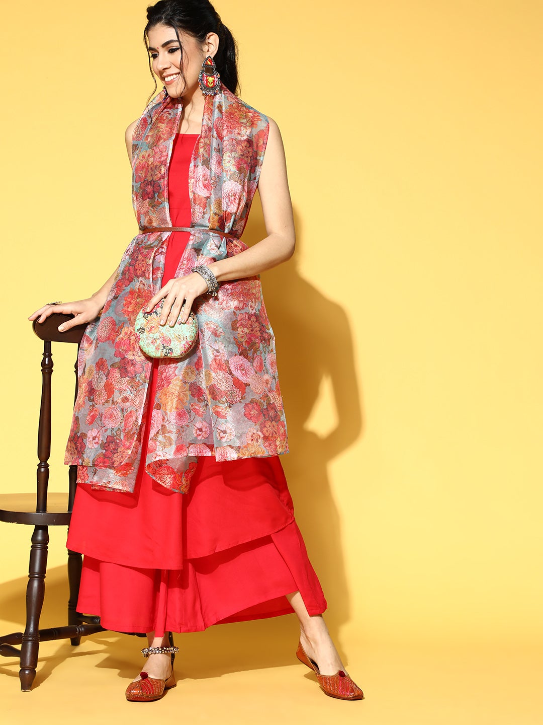 InWeave Strappy Set In Red With Organza Dupatta 