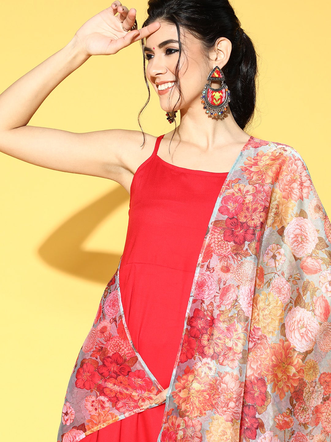 InWeave Strappy Set In Red With Organza Dupatta 