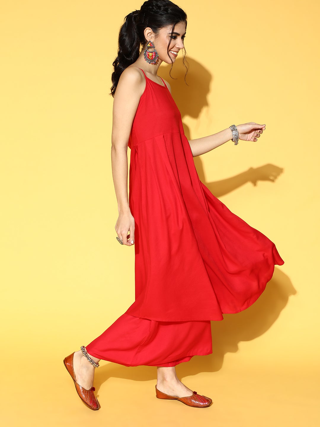 InWeave Strappy Set In Red With Organza Dupatta 