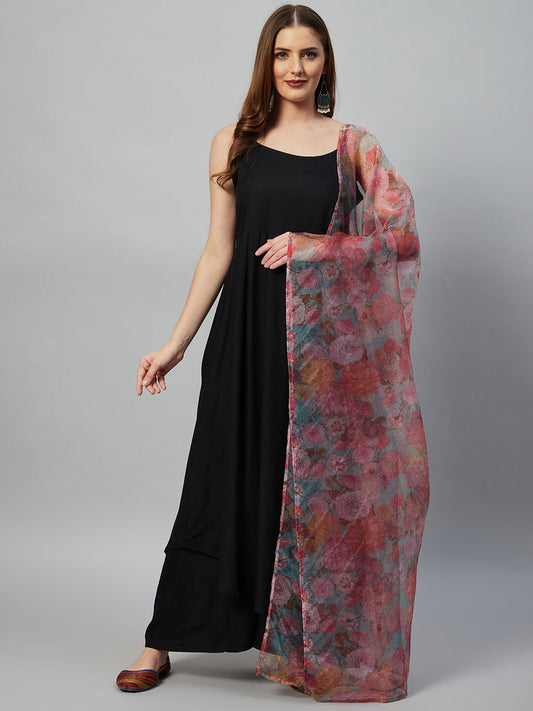 InWeave Black Strappy Set With Green Organza Dupatta 