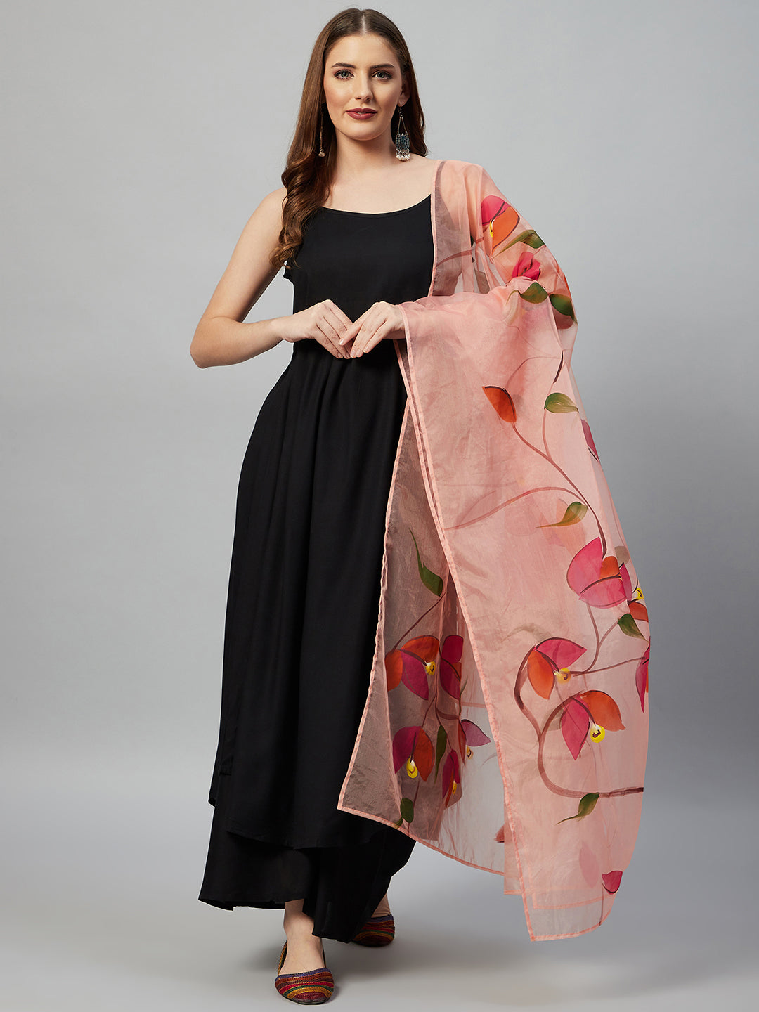 InWeave Black Strappy Set With Peach Hand Print Dupatta 