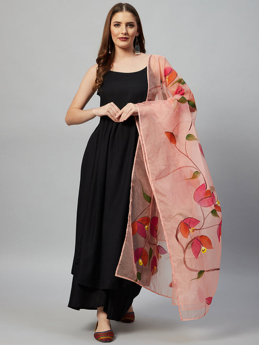 InWeave Black Strappy Set With Peach Hand Print Dupatta 