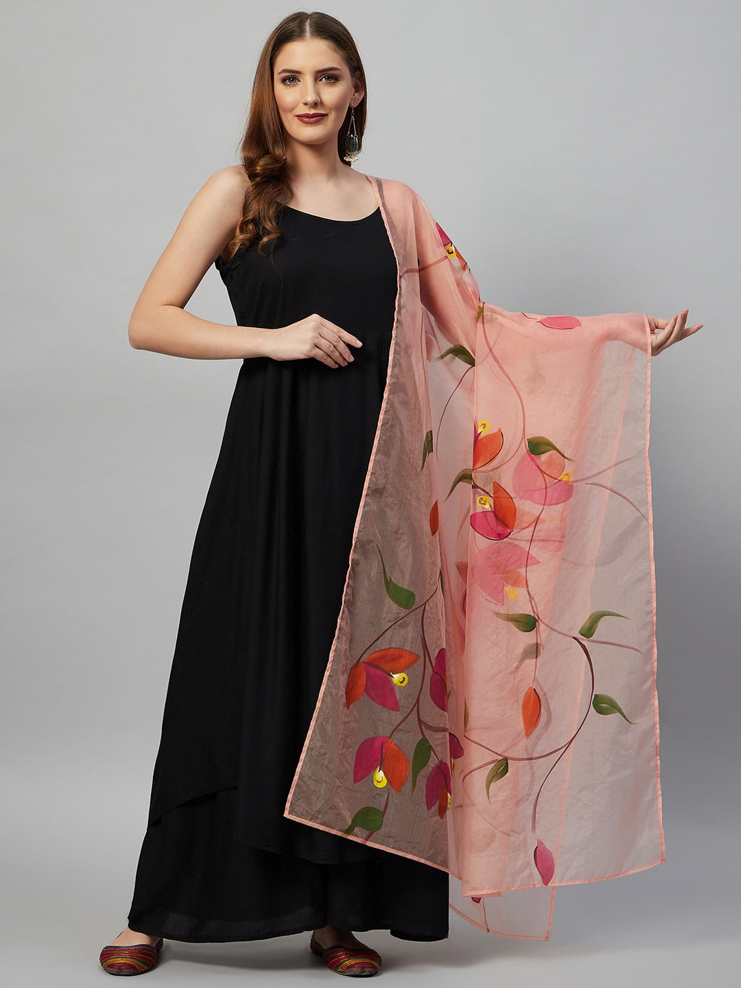 InWeave Black Strappy Set With Peach Hand Print Dupatta 