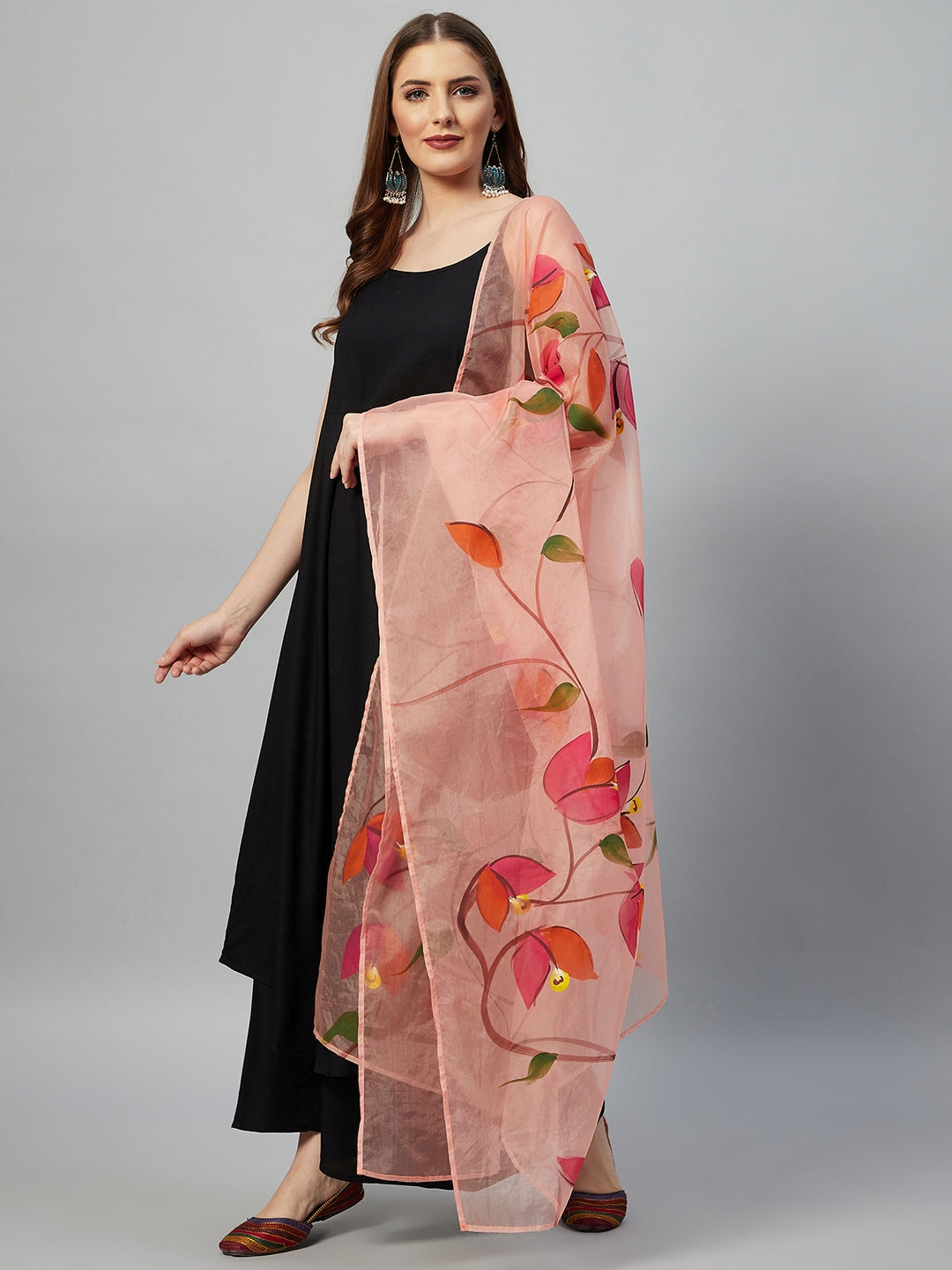 InWeave Black Strappy Set With Peach Hand Print Dupatta 