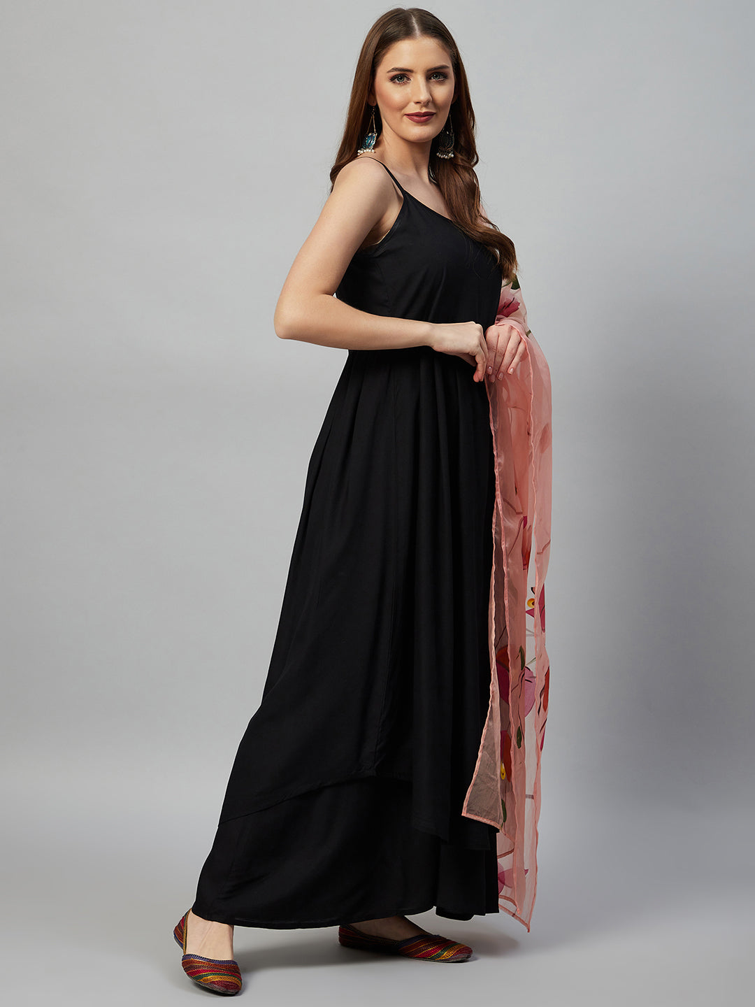 InWeave Black Strappy Set With Peach Hand Print Dupatta 