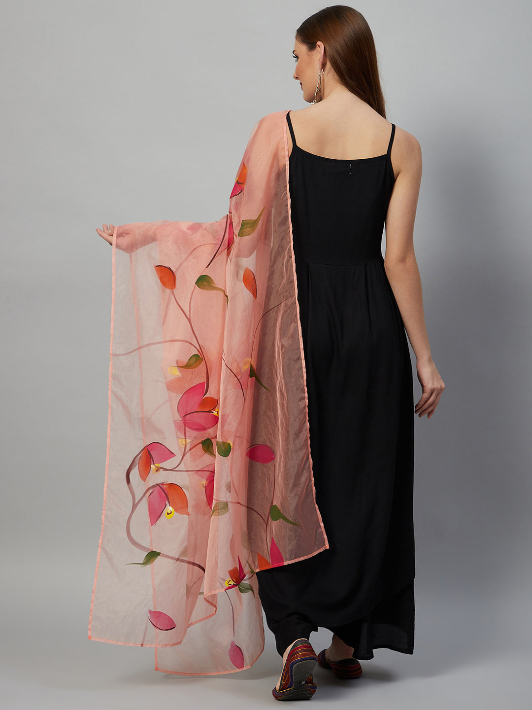 InWeave Black Strappy Set With Peach Hand Print Dupatta 