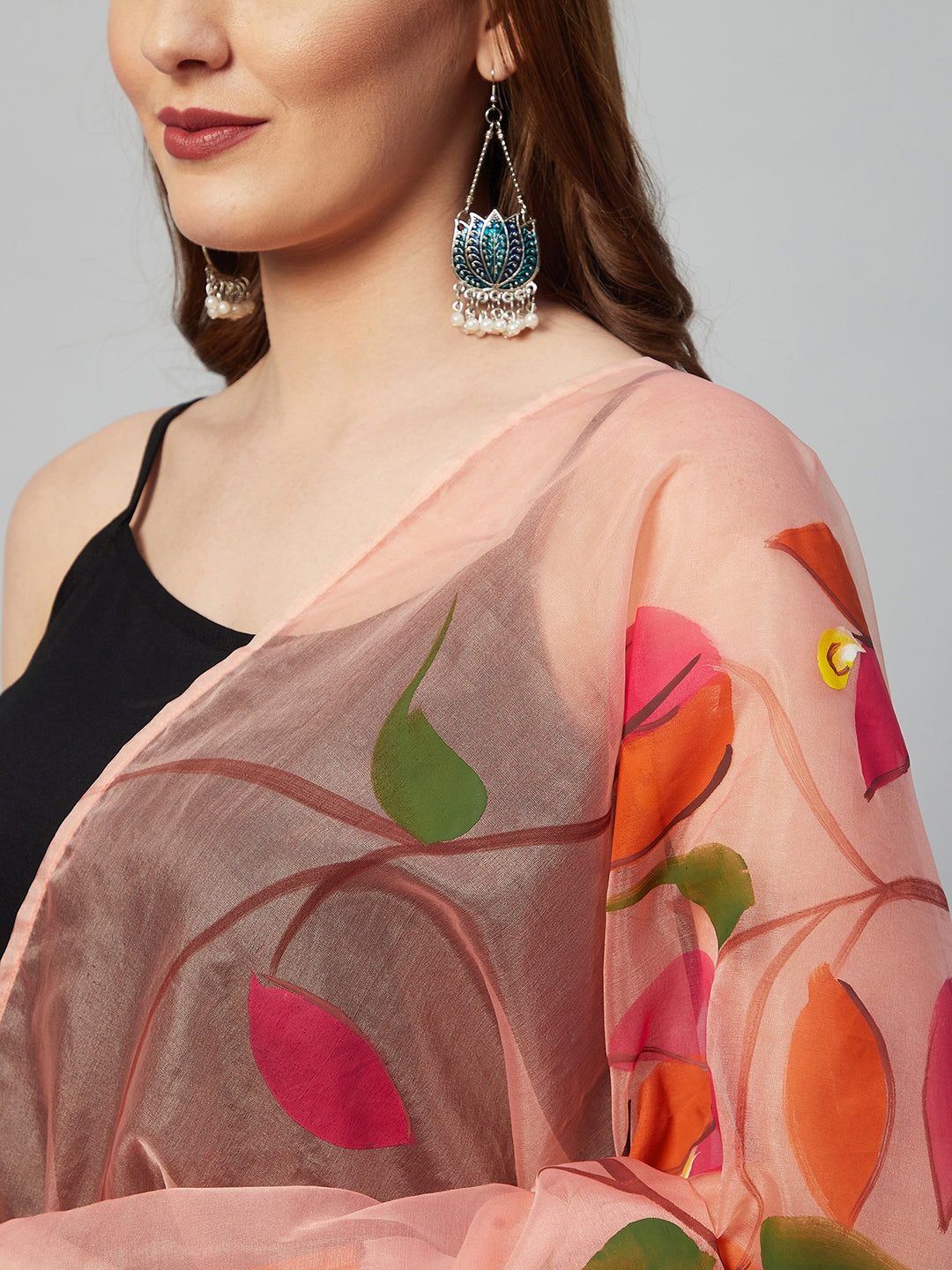 InWeave Black Strappy Set With Peach Hand Print Dupatta 