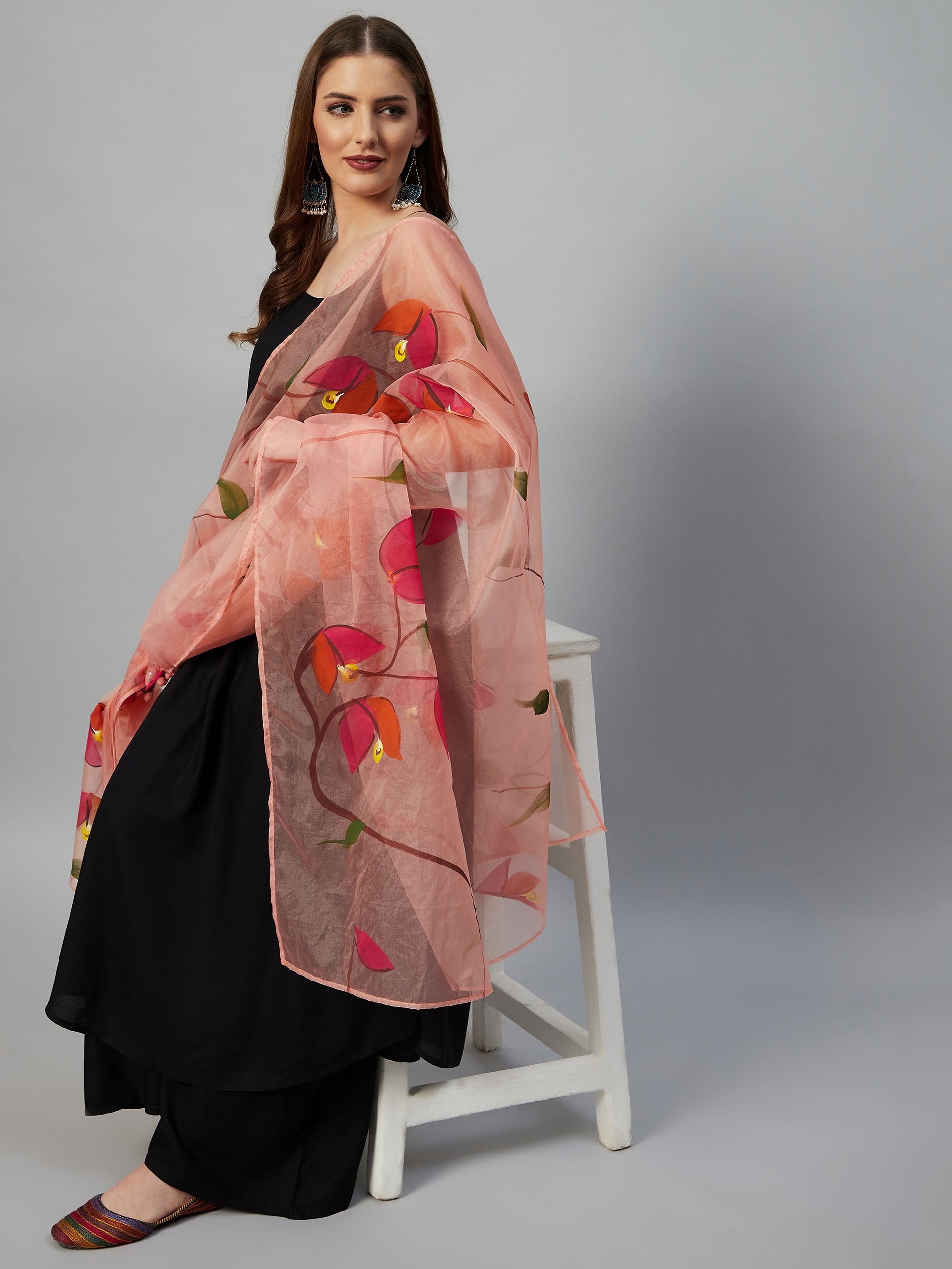 InWeave Black Strappy Set With Peach Hand Print Dupatta 
