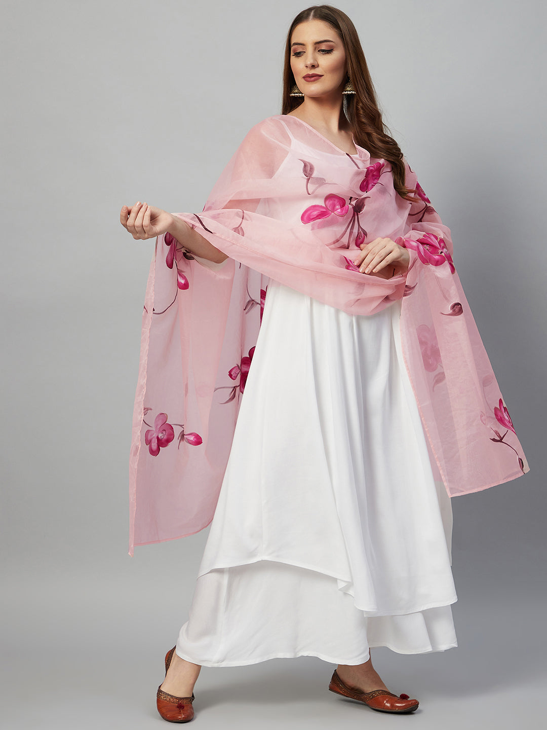 InWeave White Strappy Kurta Set - Pink Hand Print Dupatta 