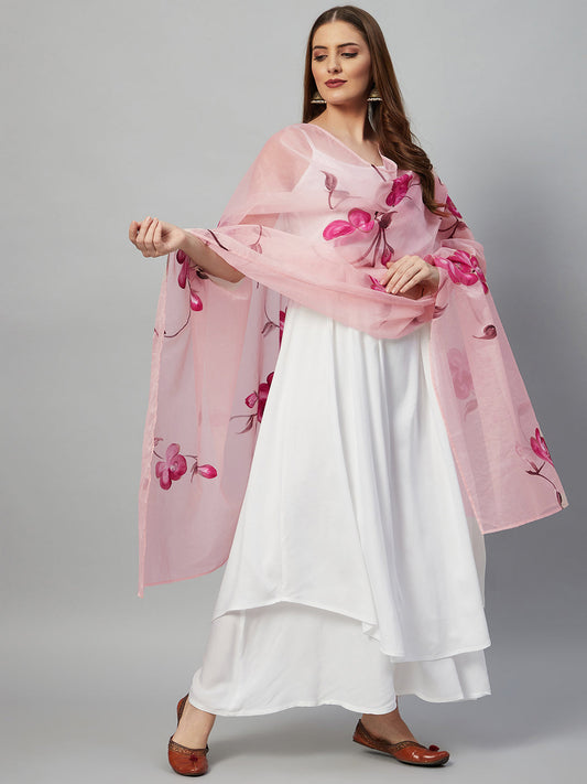 InWeave White Strappy Kurta Set - Pink Hand Print Dupatta 