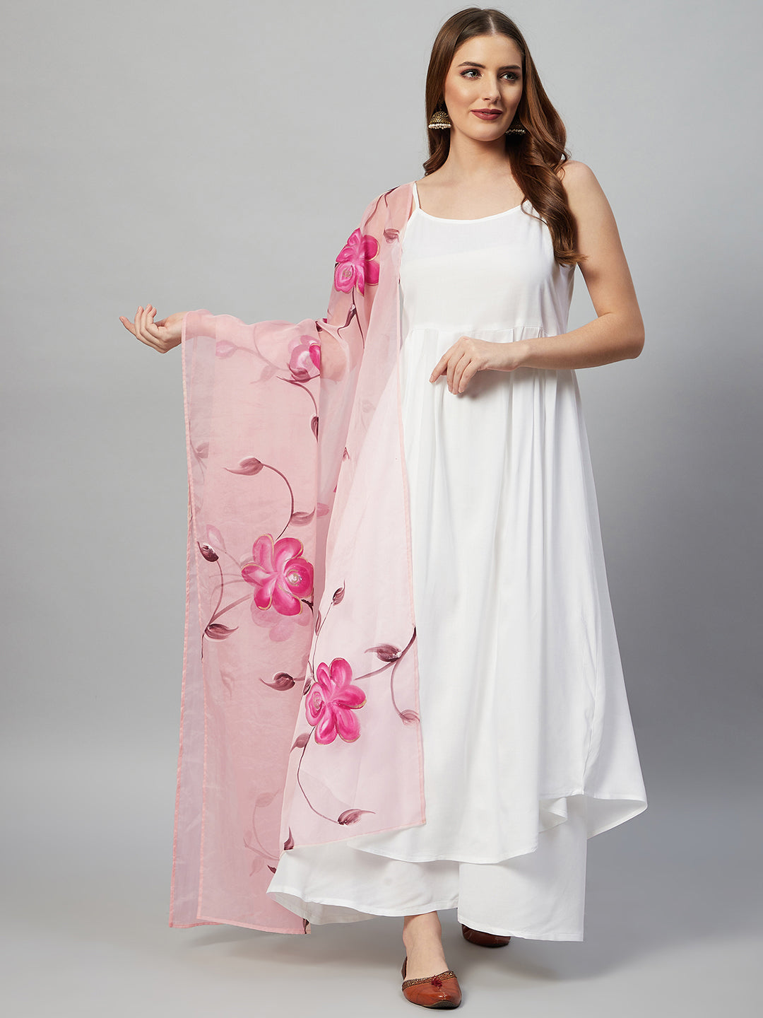 InWeave White Strappy Kurta Set - Pink Hand Print Dupatta 