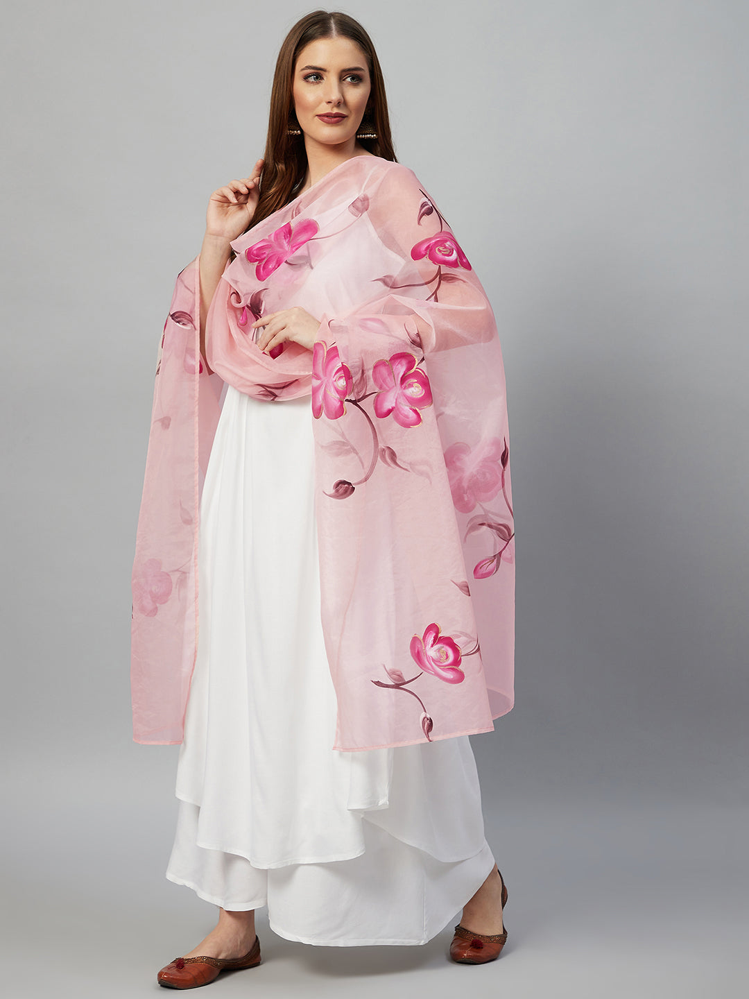 InWeave White Strappy Kurta Set - Pink Hand Print Dupatta 