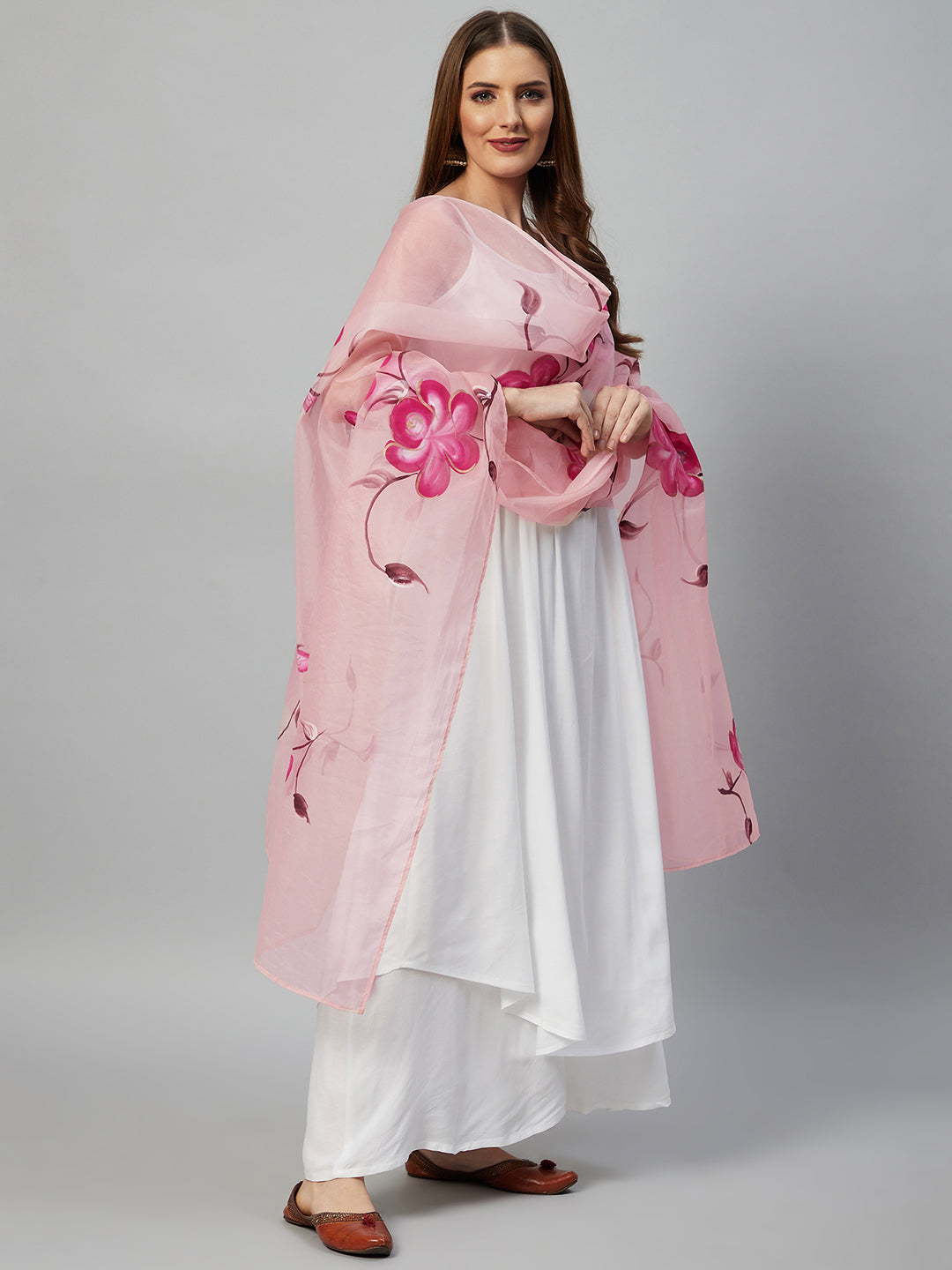 InWeave White Strappy Kurta Set - Pink Hand Print Dupatta 