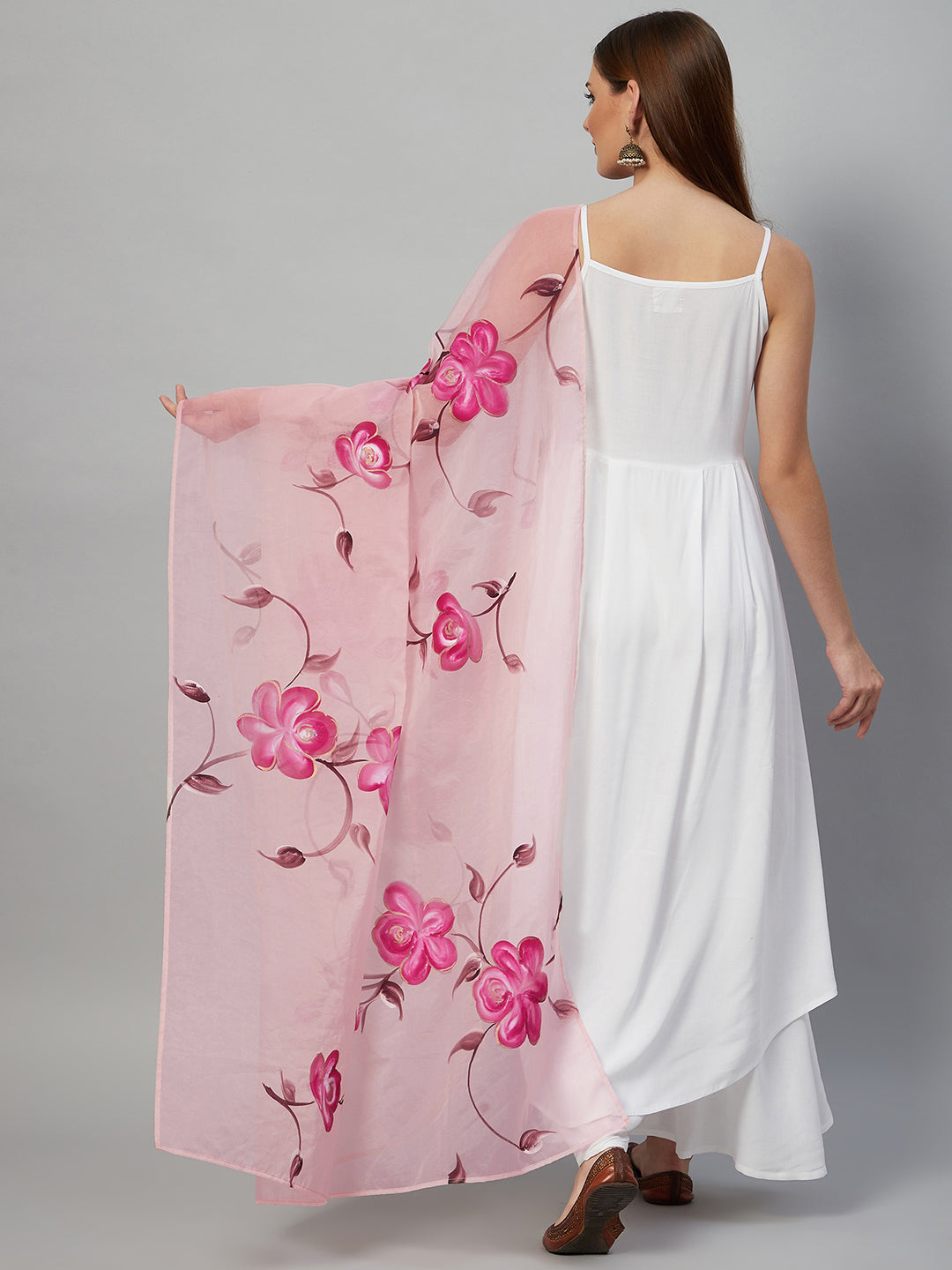 InWeave White Strappy Kurta Set - Pink Hand Print Dupatta 