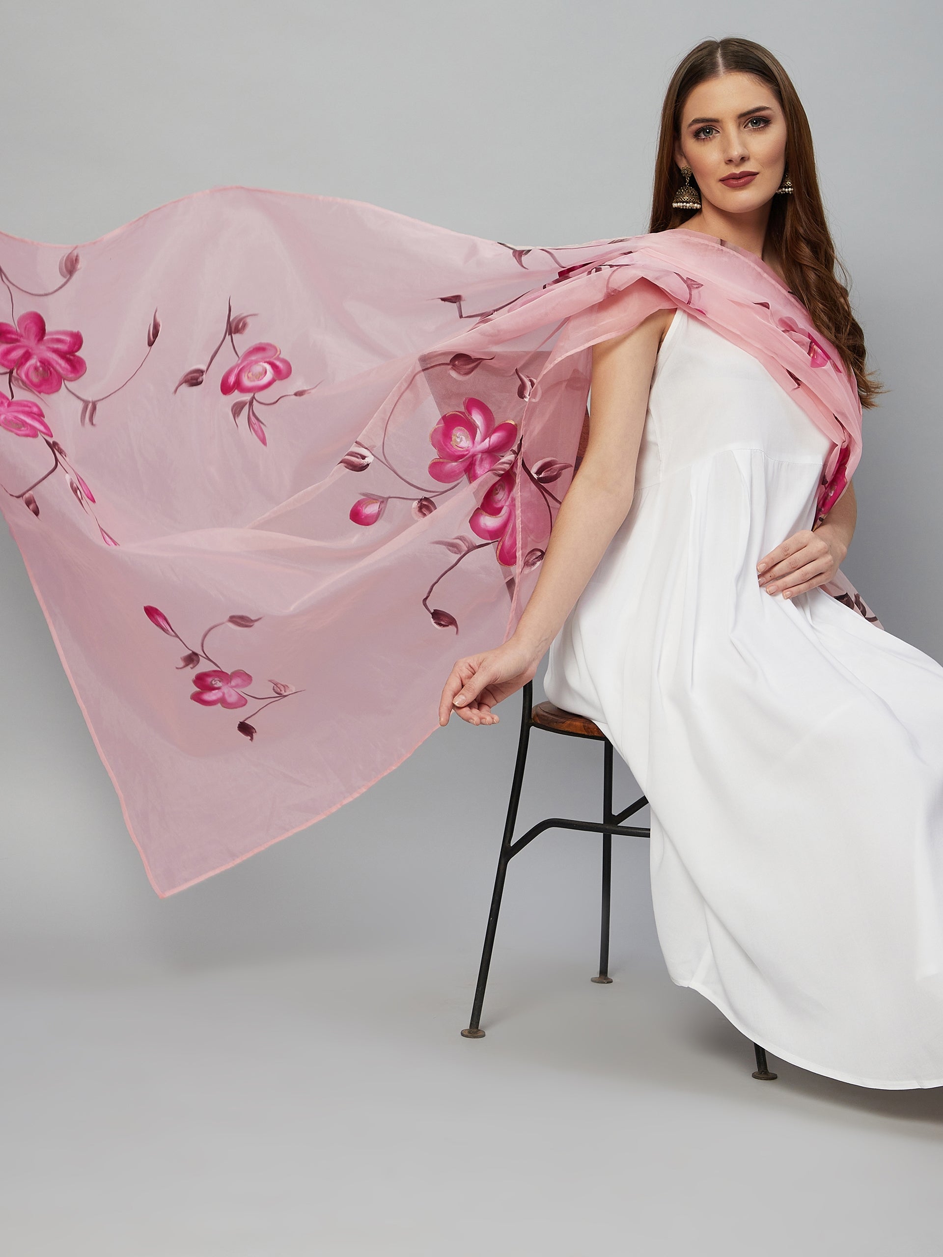 InWeave White Strappy Kurta Set - Pink Hand Print Dupatta 
