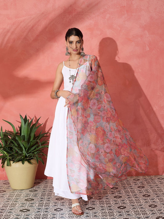 InWeave White Strappy Set With Green Organza Dupatta 