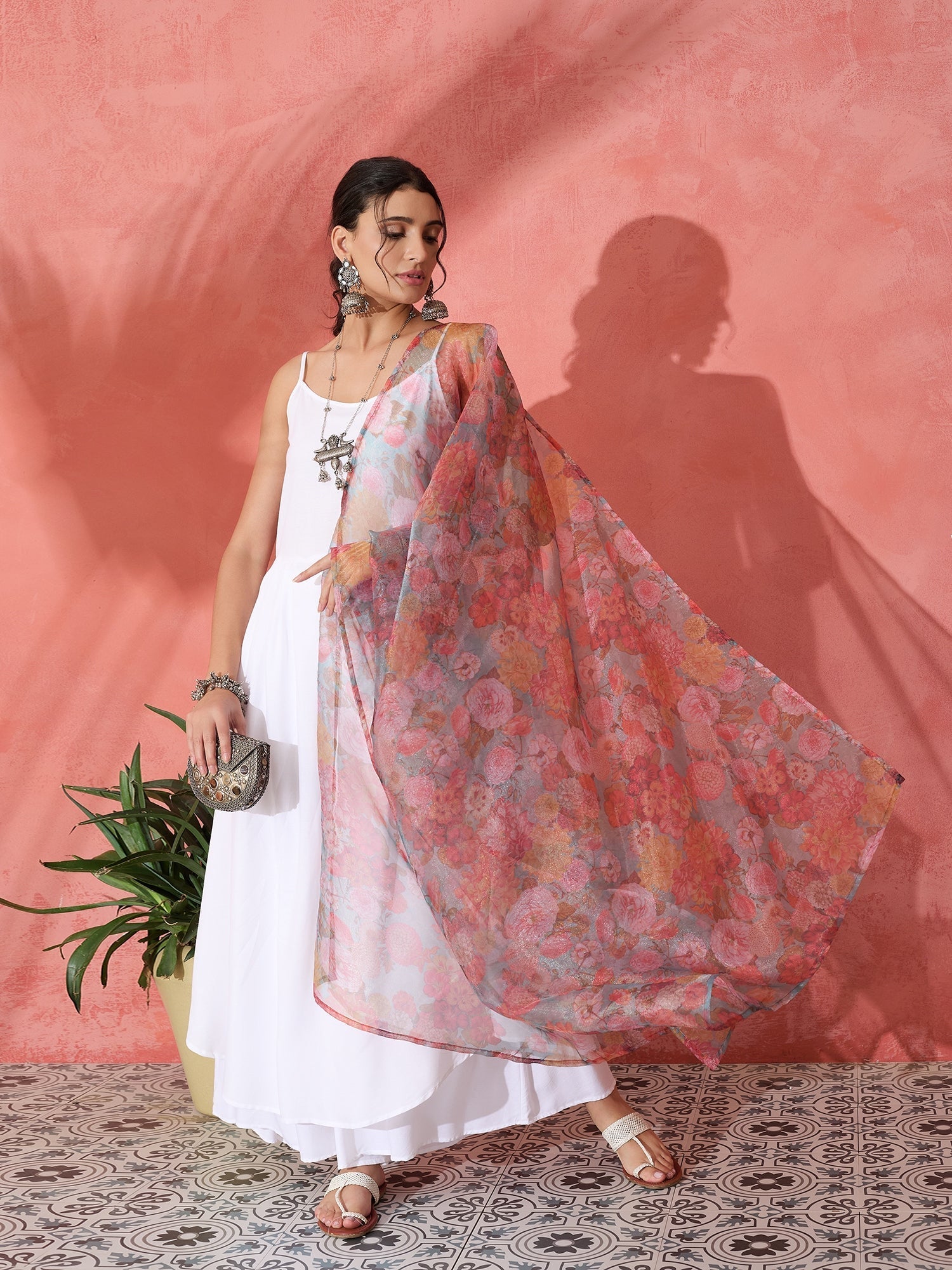 InWeave White Strappy Set With Green Organza Dupatta 