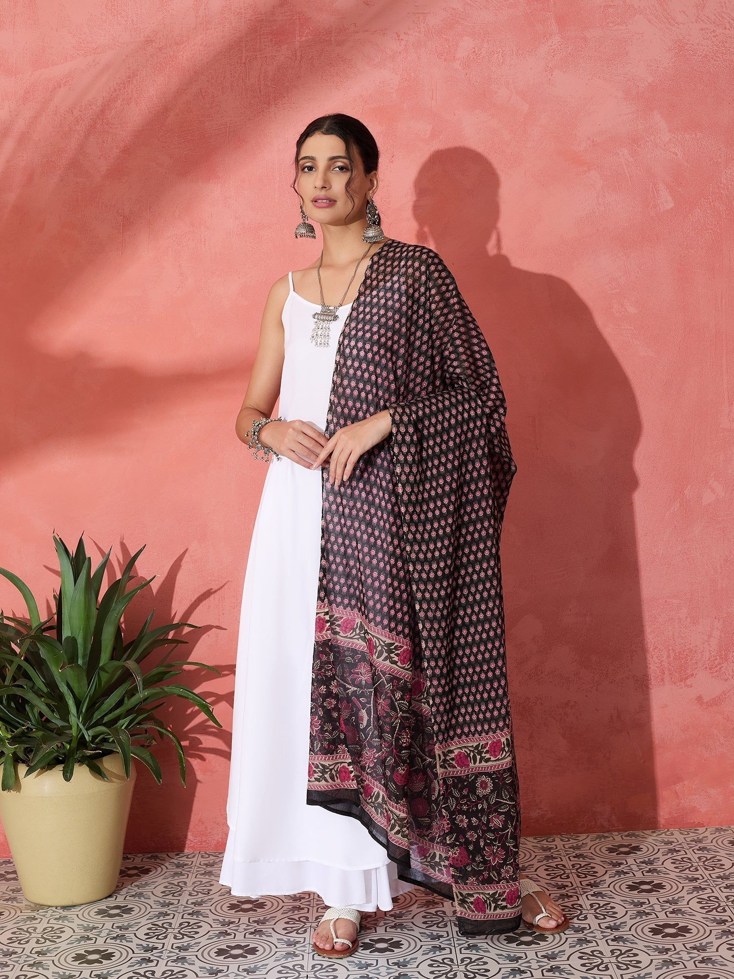 InWeave White Strappy Set With Black Pink Ethnic Print Cotton Dupatta 
