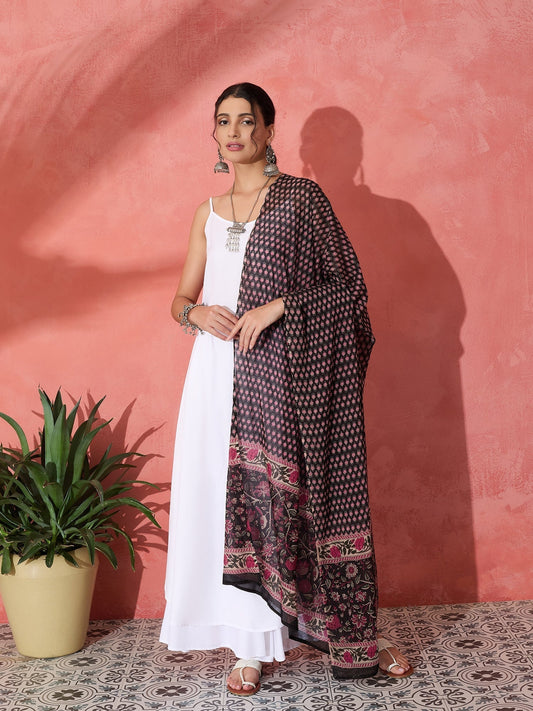 InWeave White Strappy Set With Black Pink Ethnic Print Cotton Dupatta 