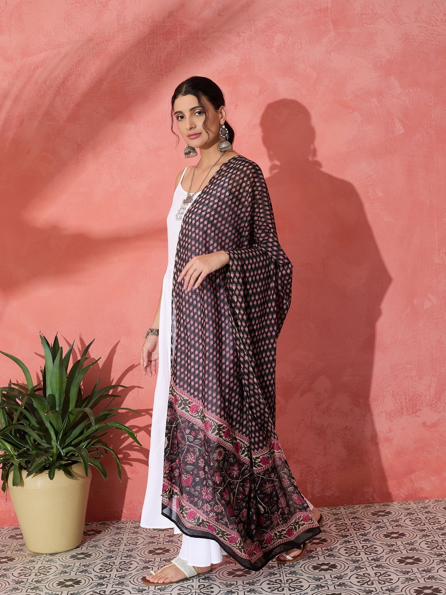 InWeave White Strappy Set With Black Pink Ethnic Print Cotton Dupatta 
