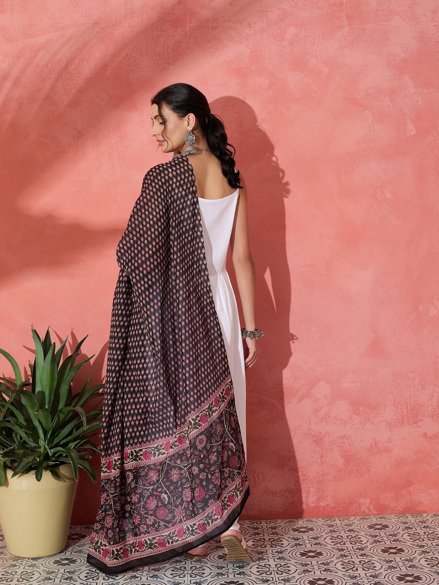 InWeave White Strappy Set With Black Pink Ethnic Print Cotton Dupatta 