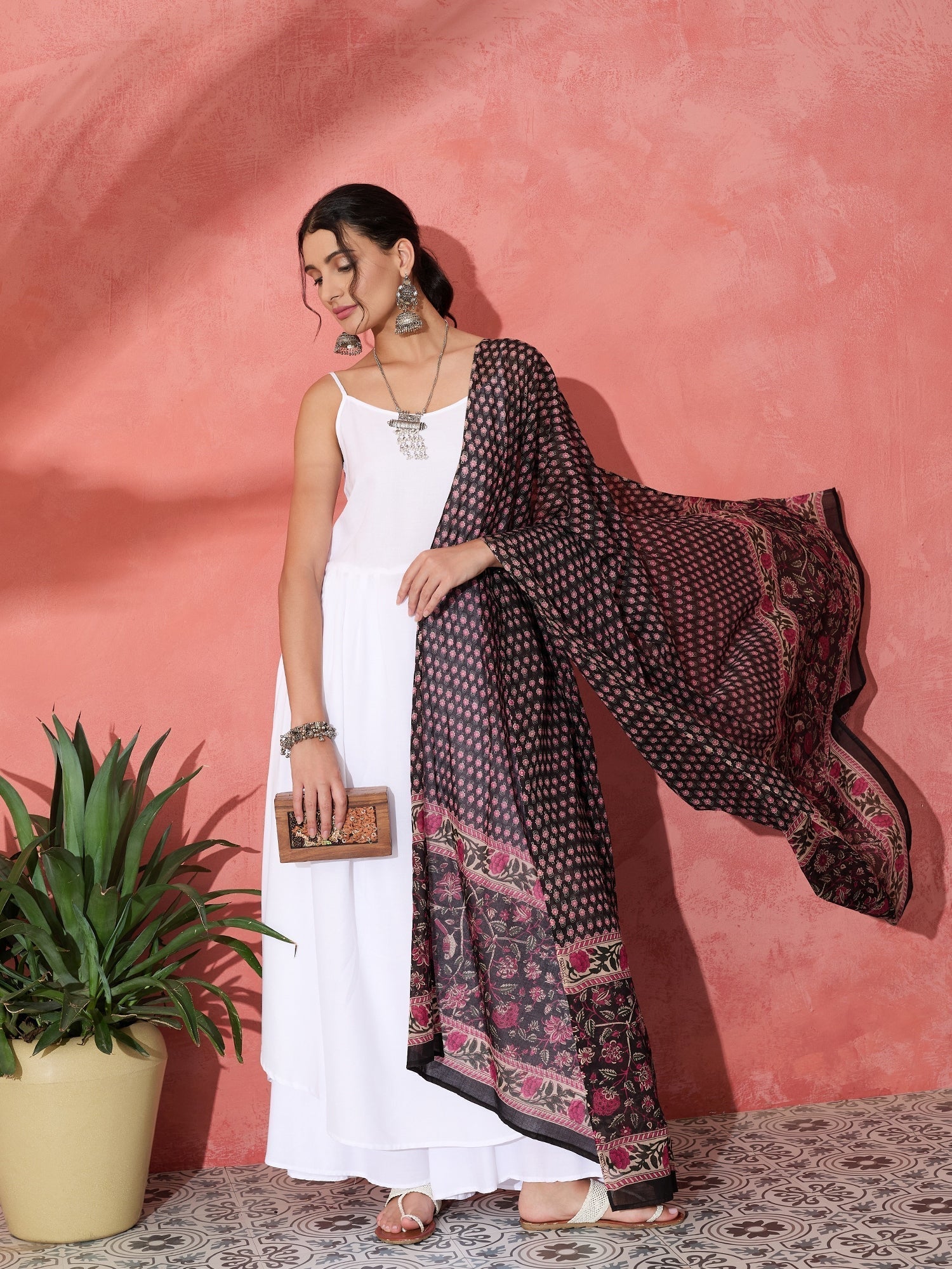 InWeave White Strappy Set With Black Pink Ethnic Print Cotton Dupatta 