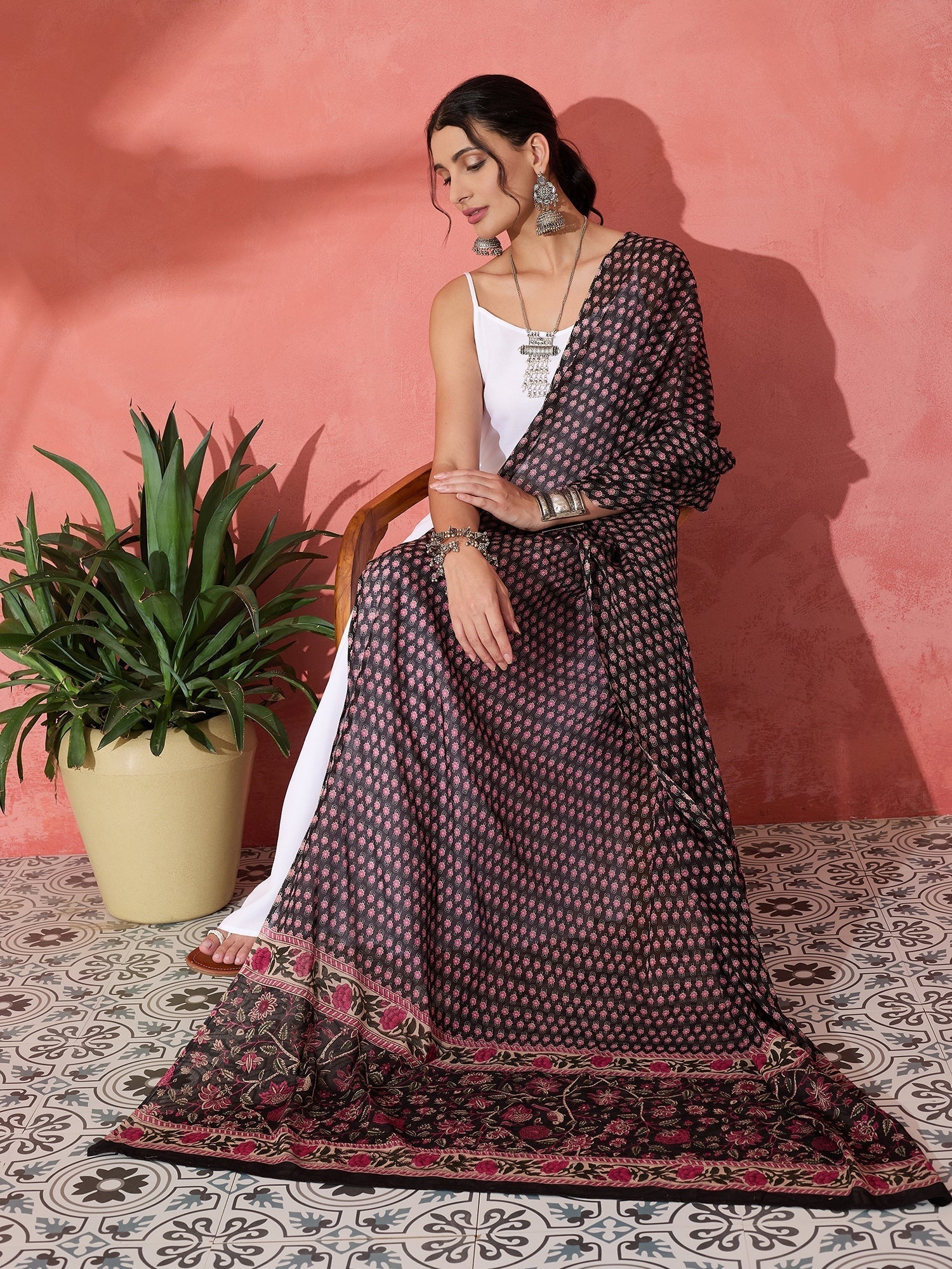 InWeave White Strappy Set With Black Pink Ethnic Print Cotton Dupatta 