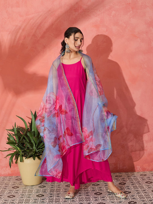 InWeave Fuchsia Strappy Set With Blue Fuchsia Organza Dupatta 