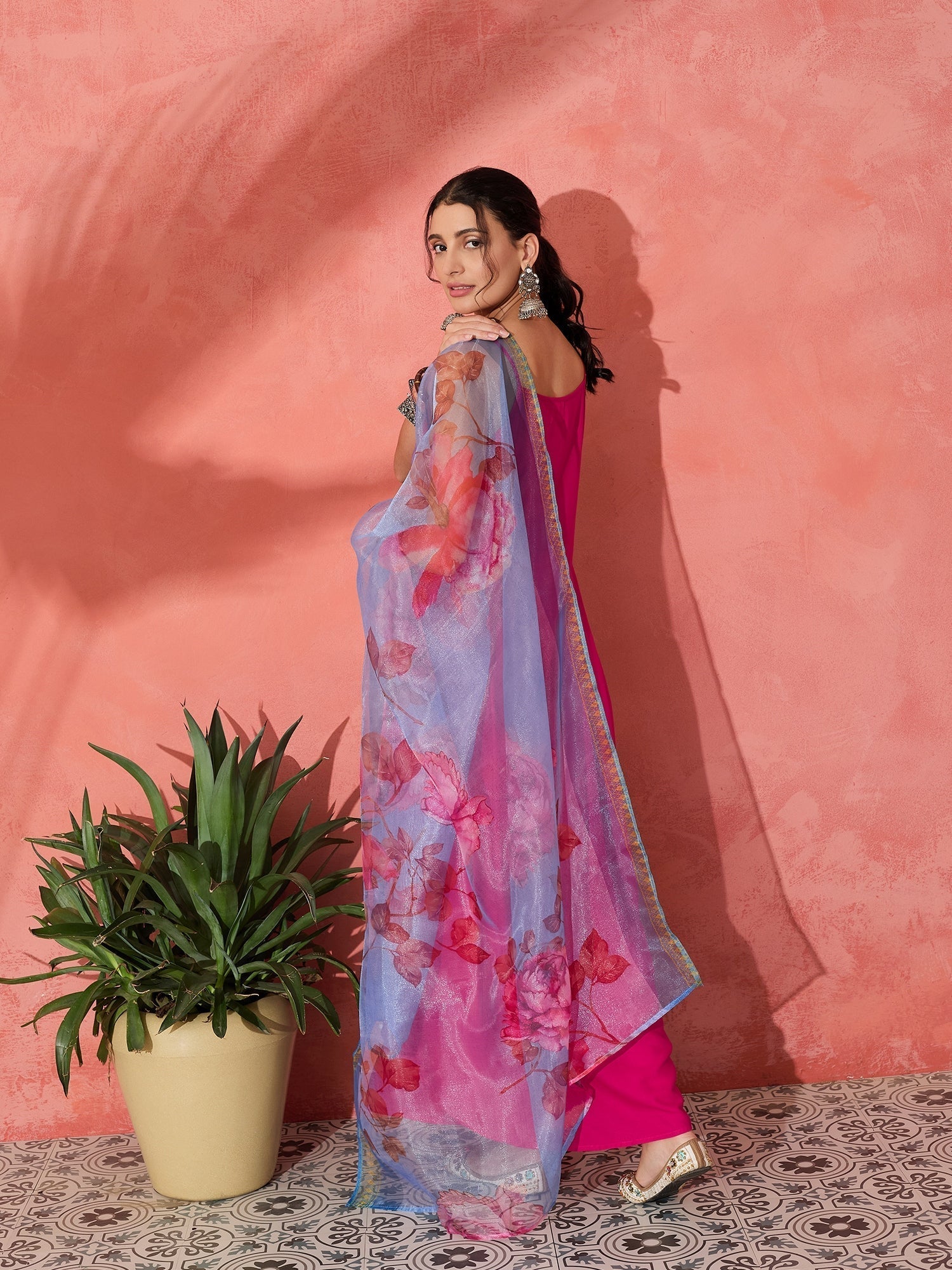 InWeave Fuchsia Strappy Set With Blue Fuchsia Organza Dupatta 