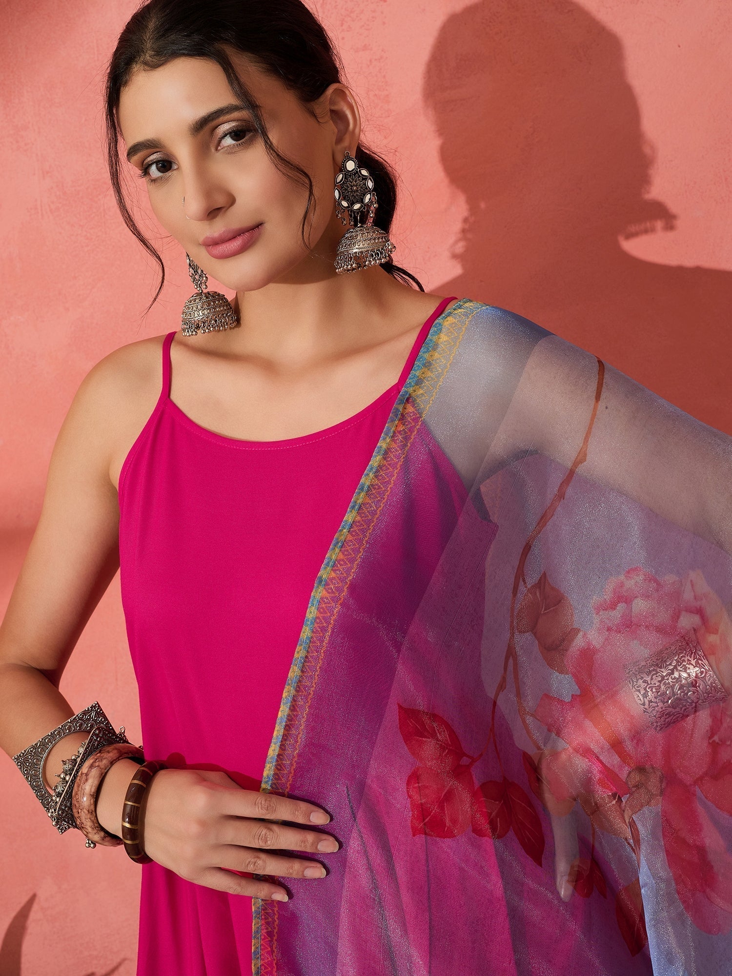 InWeave Fuchsia Strappy Set With Blue Fuchsia Organza Dupatta 