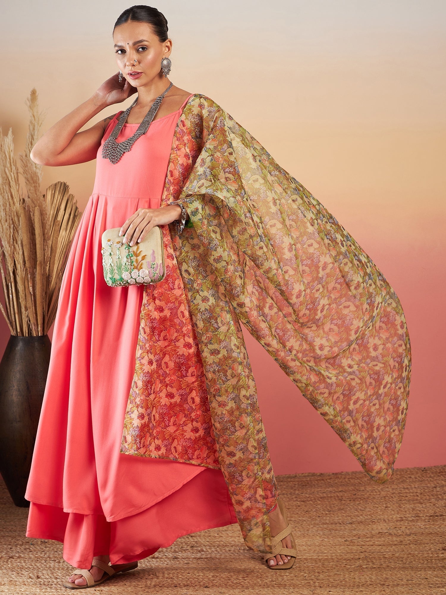 InWeave Dark Peach Strappy W Olive Liberty Print Organza Dupatta Set | Grab2Buy