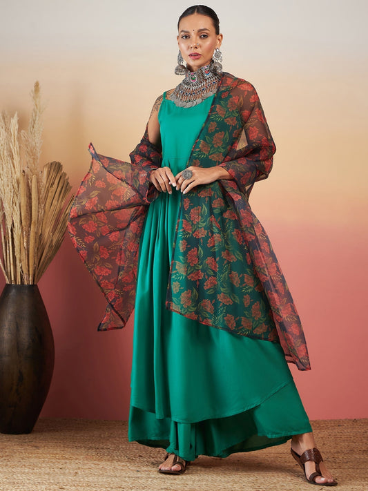 InWeave Emerald Green Strappy W Black Orange Floral Print Or Dupatta Set | Grab2Buy