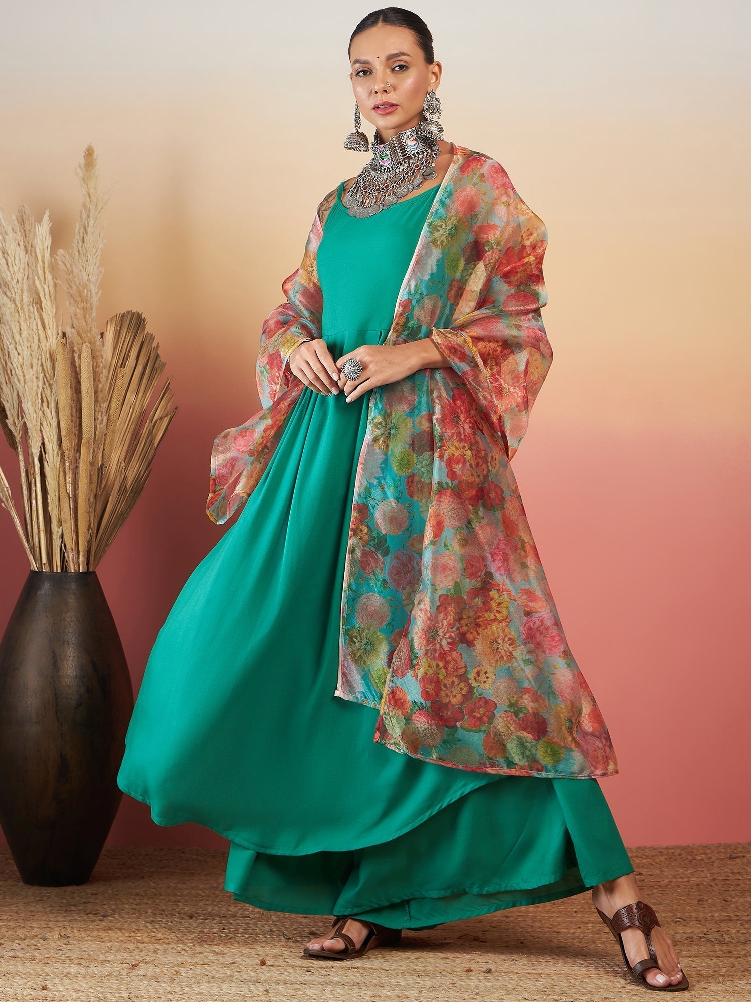 InWeave Emerald Green Strappy W Green Organza Dupatta Set | Grab2Buy