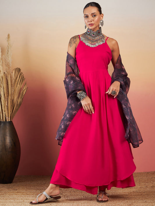 InWeave Fuchsia Strappy W Black Dark Floral Print Or Dupatta Set | Grab2Buy