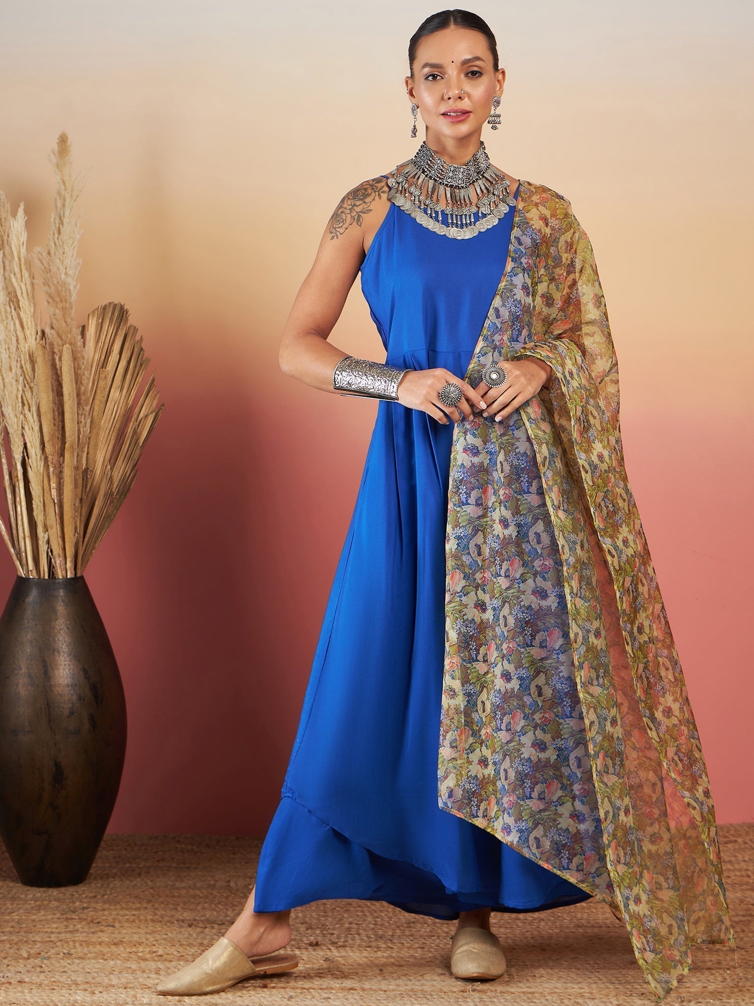 InWeave Ink Blue Strappy W Olive Liberty Print Organza Dupatta Set 