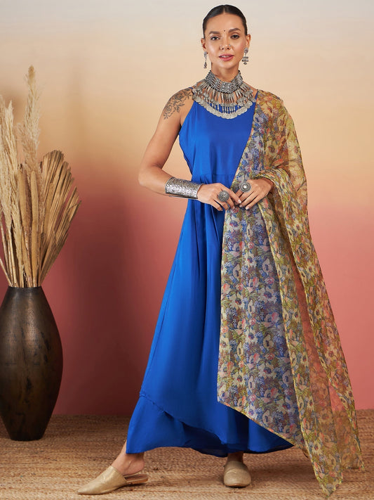 InWeave Ink Blue Strappy W Olive Liberty Print Organza Dupatta Set 