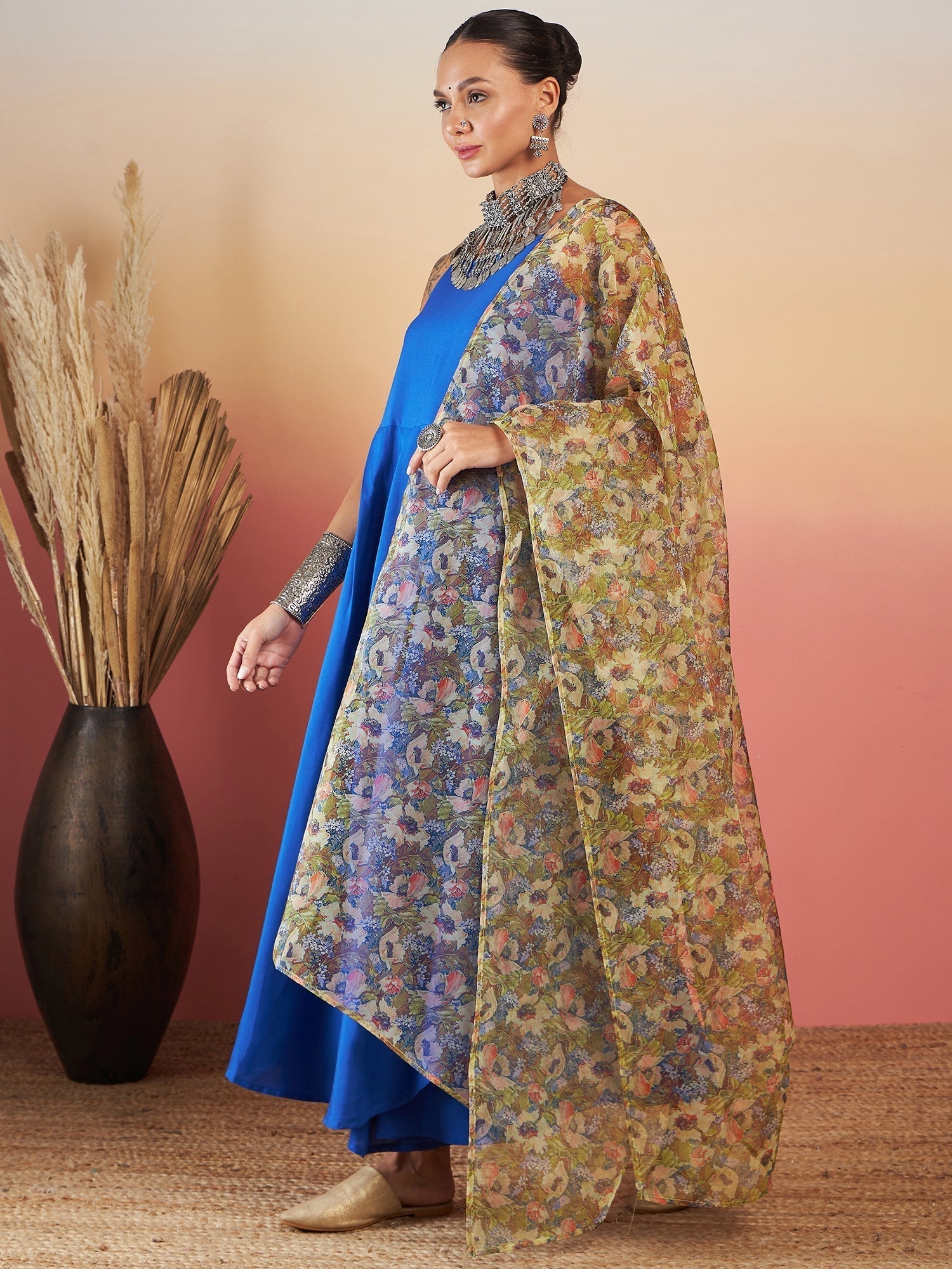 InWeave Ink Blue Strappy W Olive Liberty Print Organza Dupatta Set 