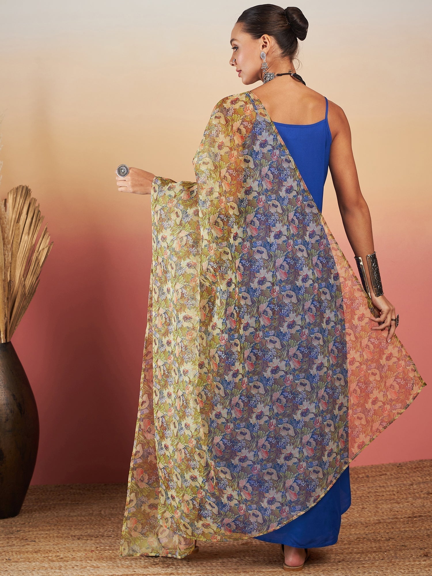 InWeave Ink Blue Strappy W Olive Liberty Print Organza Dupatta Set 
