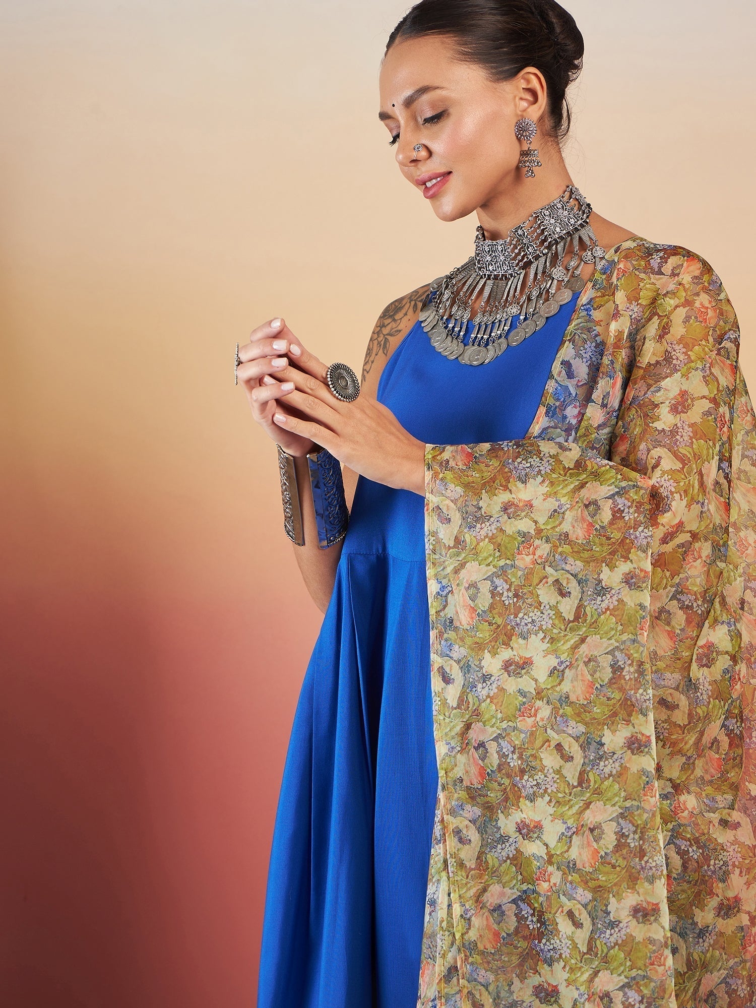 InWeave Ink Blue Strappy W Olive Liberty Print Organza Dupatta Set 