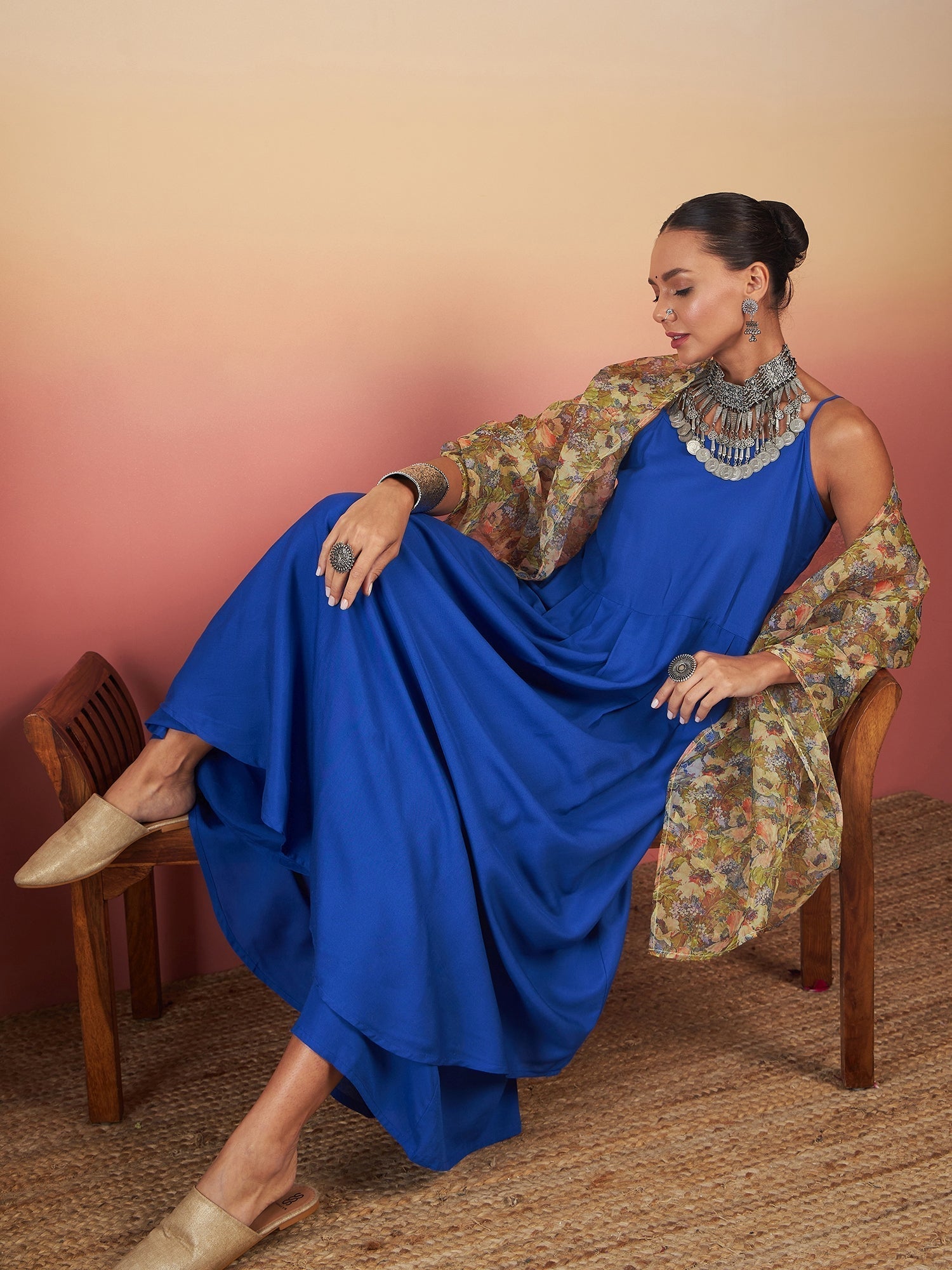 InWeave Ink Blue Strappy W Olive Liberty Print Organza Dupatta Set 