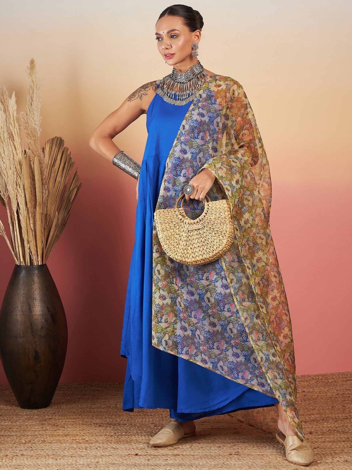 InWeave Ink Blue Strappy W Olive Liberty Print Organza Dupatta Set 