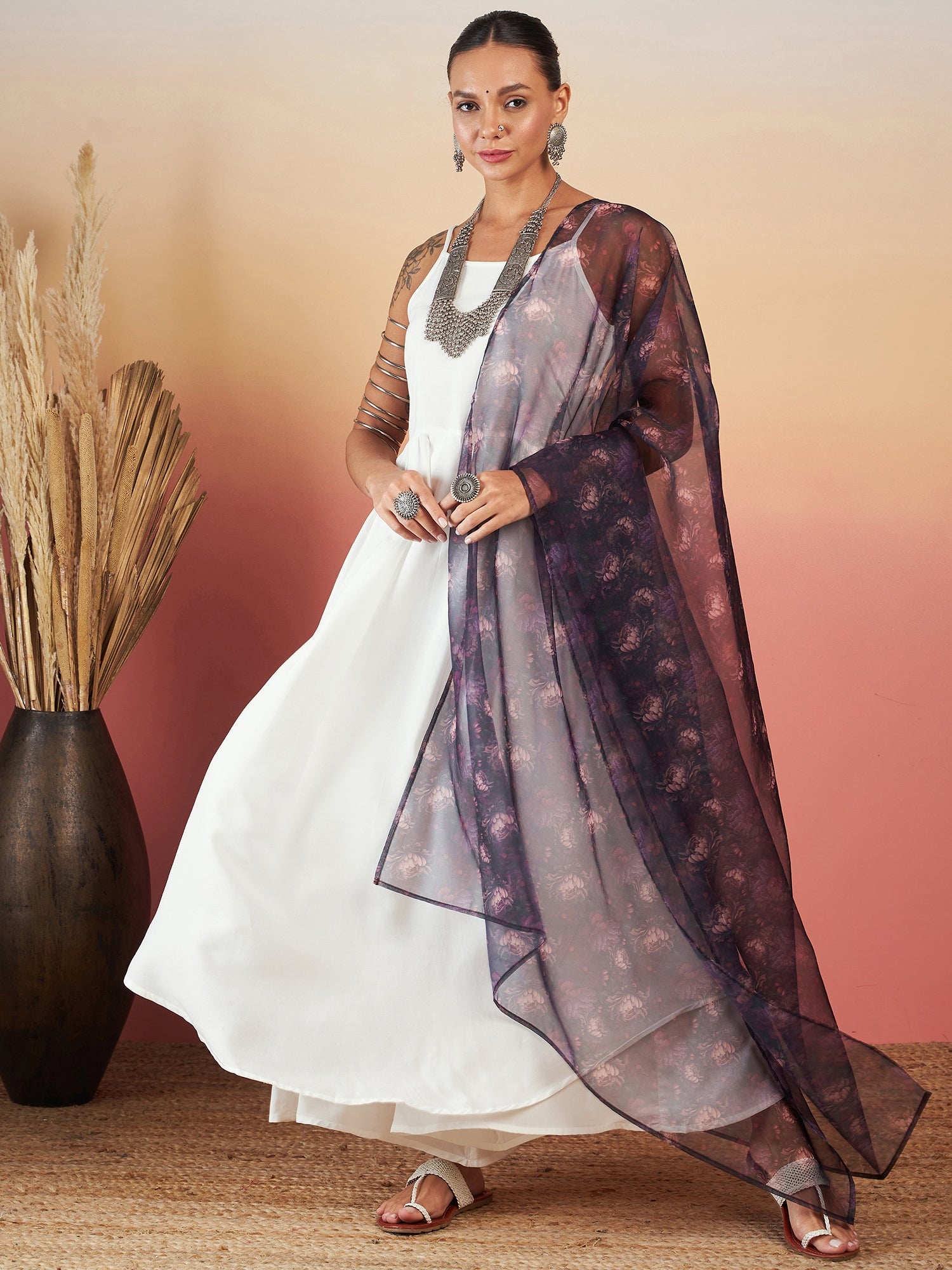InWeave White Strappy W Black Dark Floral Print Or Dupatta Set 