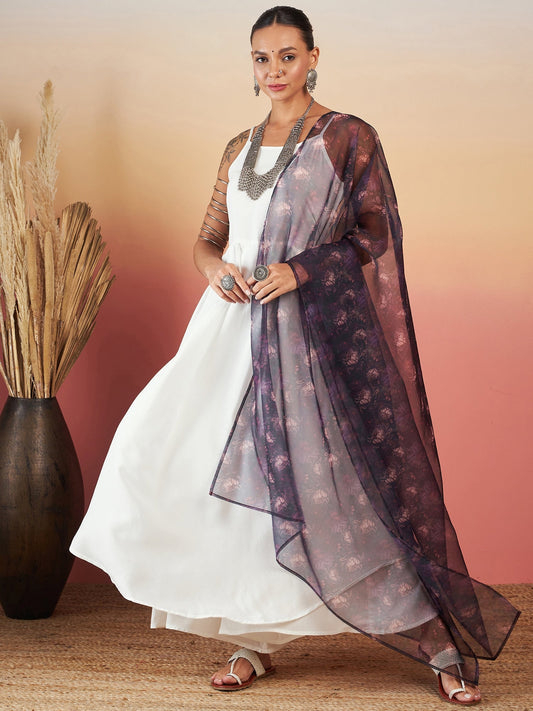 InWeave White Strappy W Black Dark Floral Print Or Dupatta Set 
