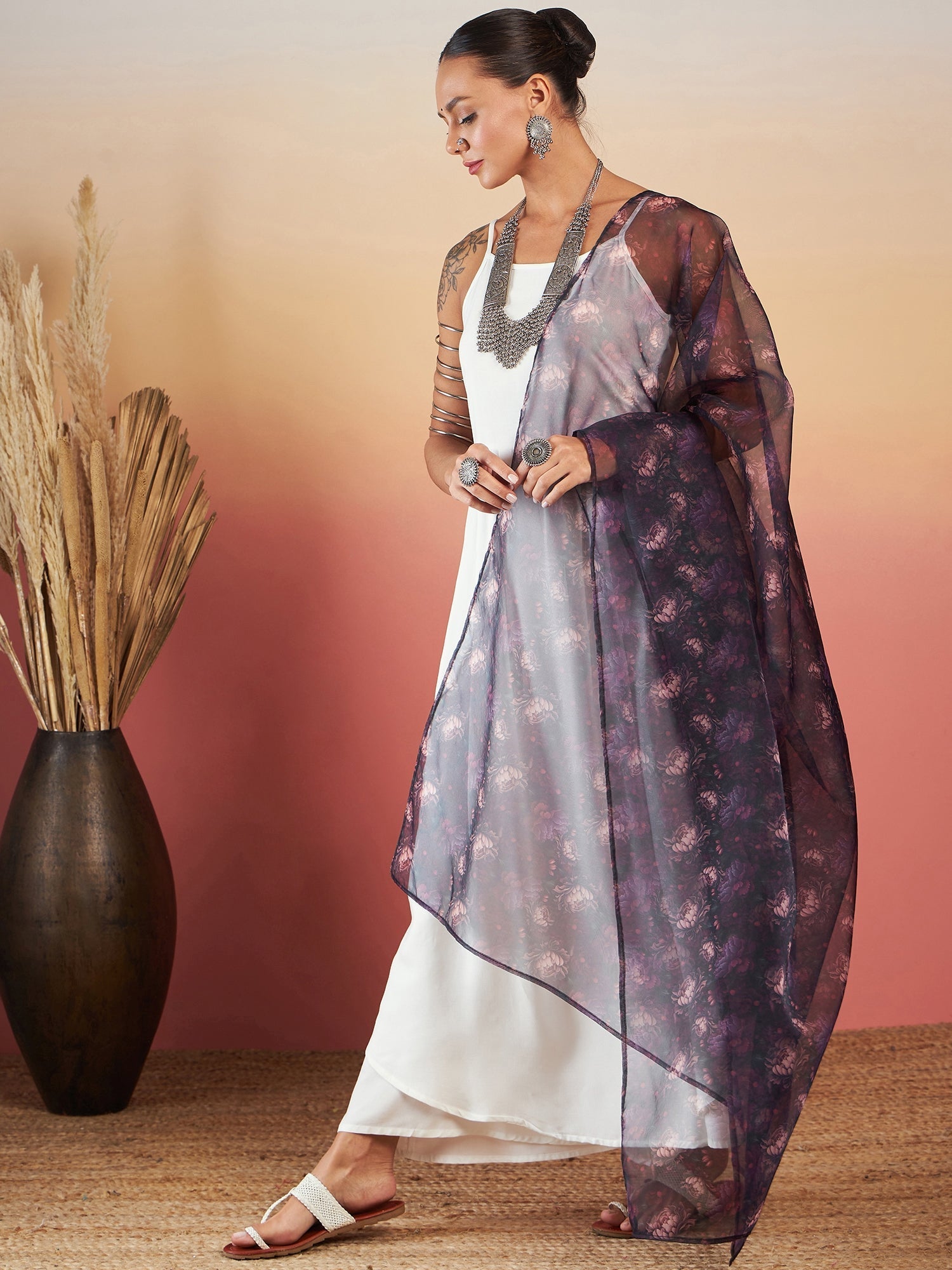 InWeave White Strappy W Black Dark Floral Print Or Dupatta Set 