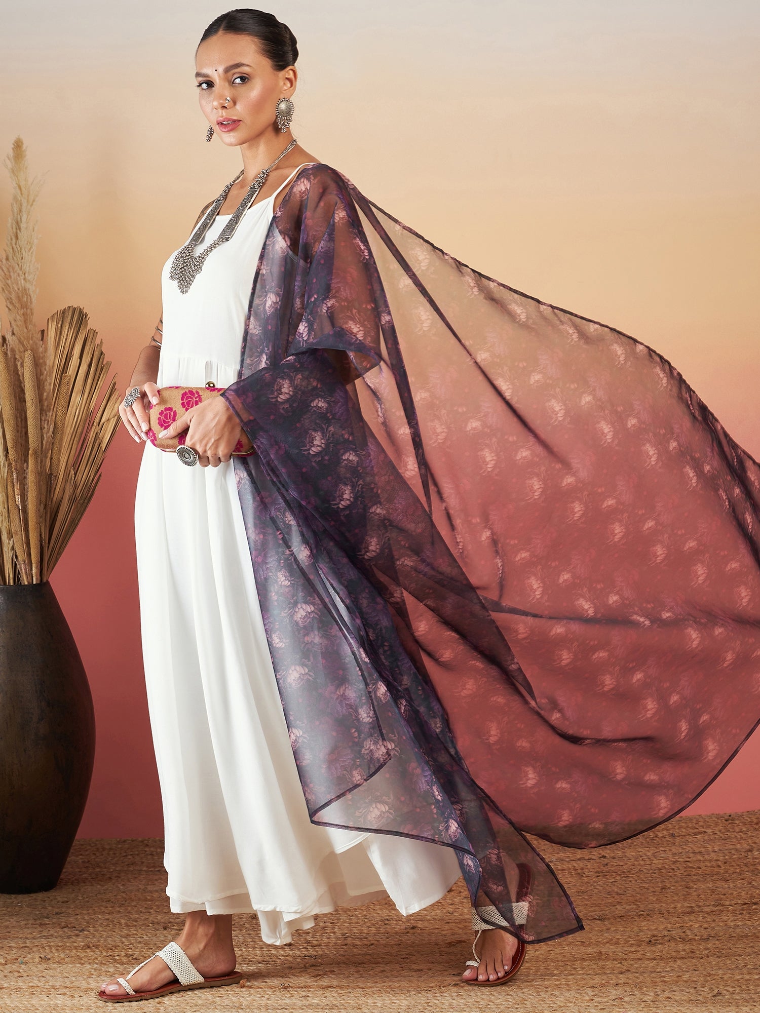 InWeave White Strappy W Black Dark Floral Print Or Dupatta Set 