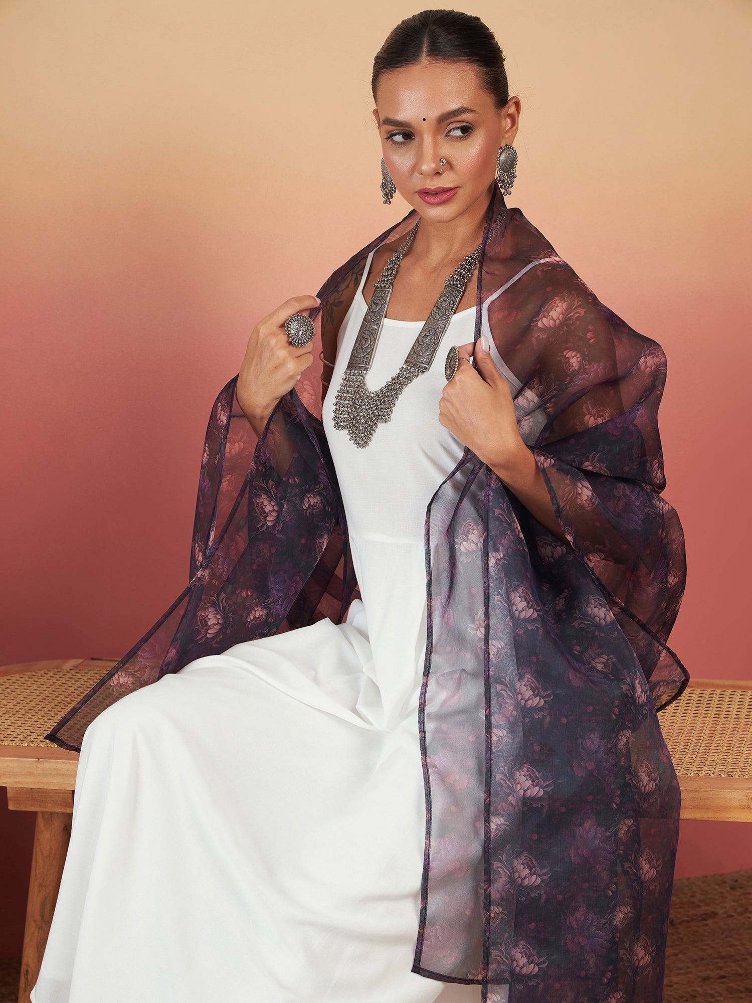 InWeave White Strappy W Black Dark Floral Print Or Dupatta Set 