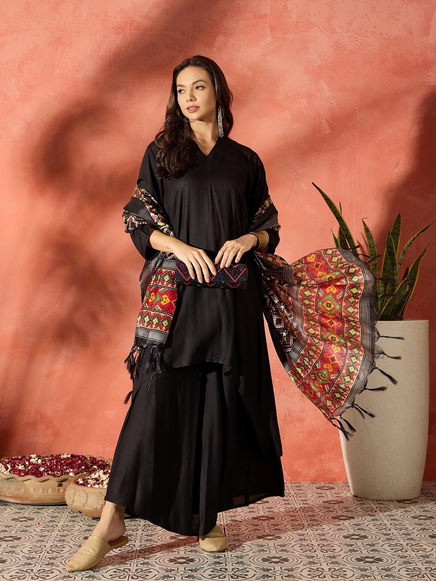 InWeave Black Mandarin Patola Kurta Set 