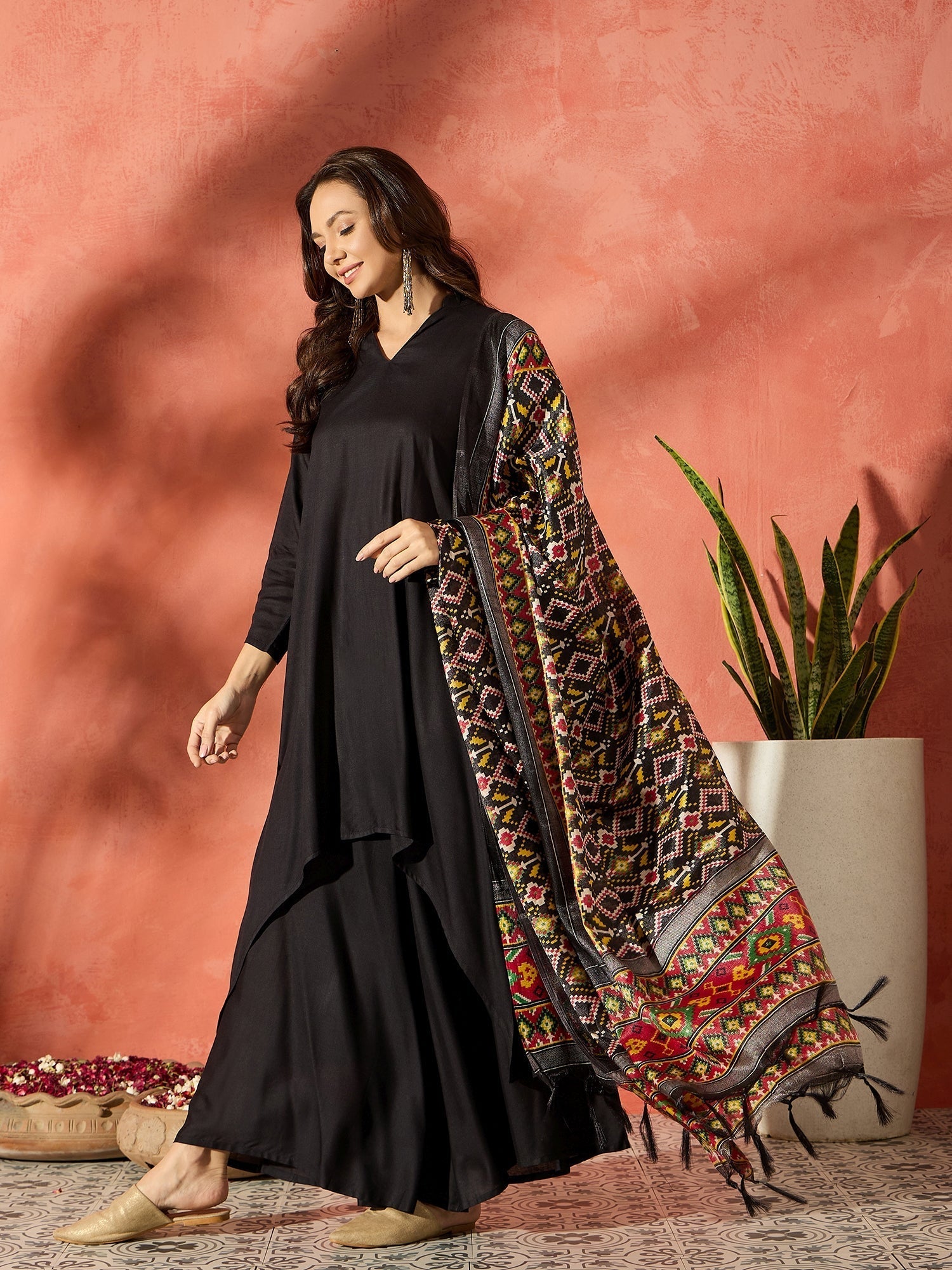 InWeave Black Mandarin Patola Kurta Set 