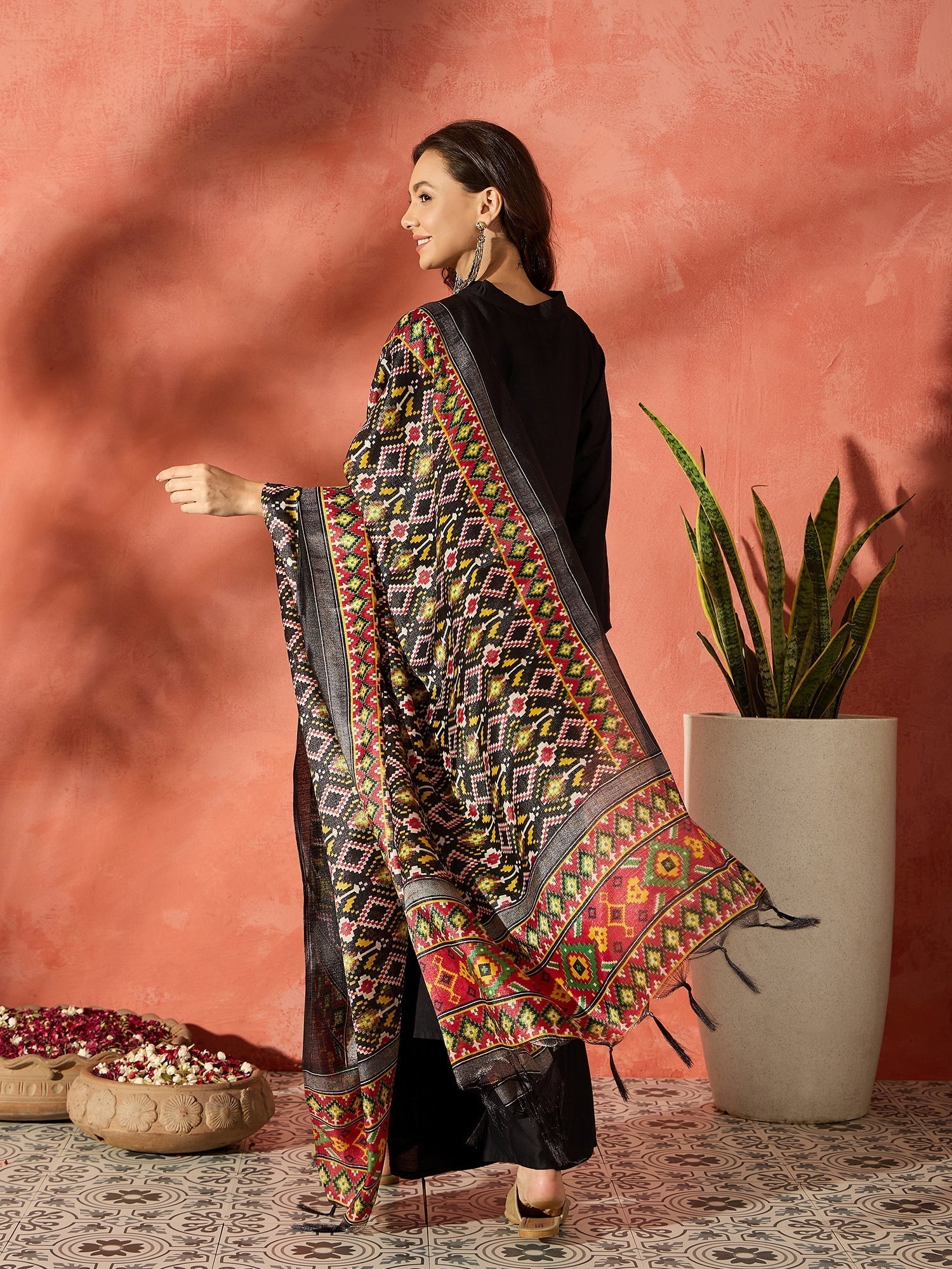 InWeave Black Mandarin Patola Kurta Set 
