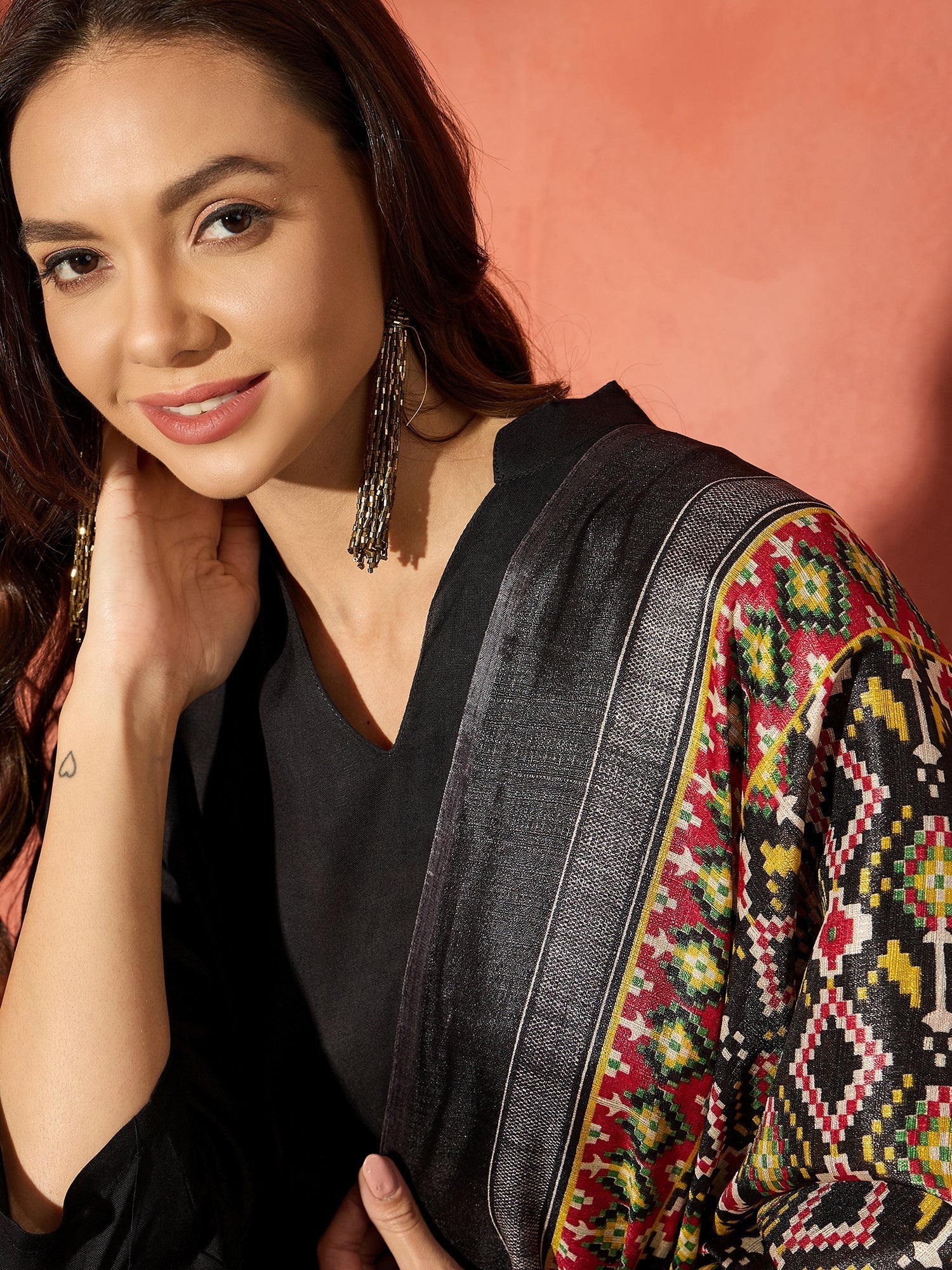InWeave Black Mandarin Patola Kurta Set 